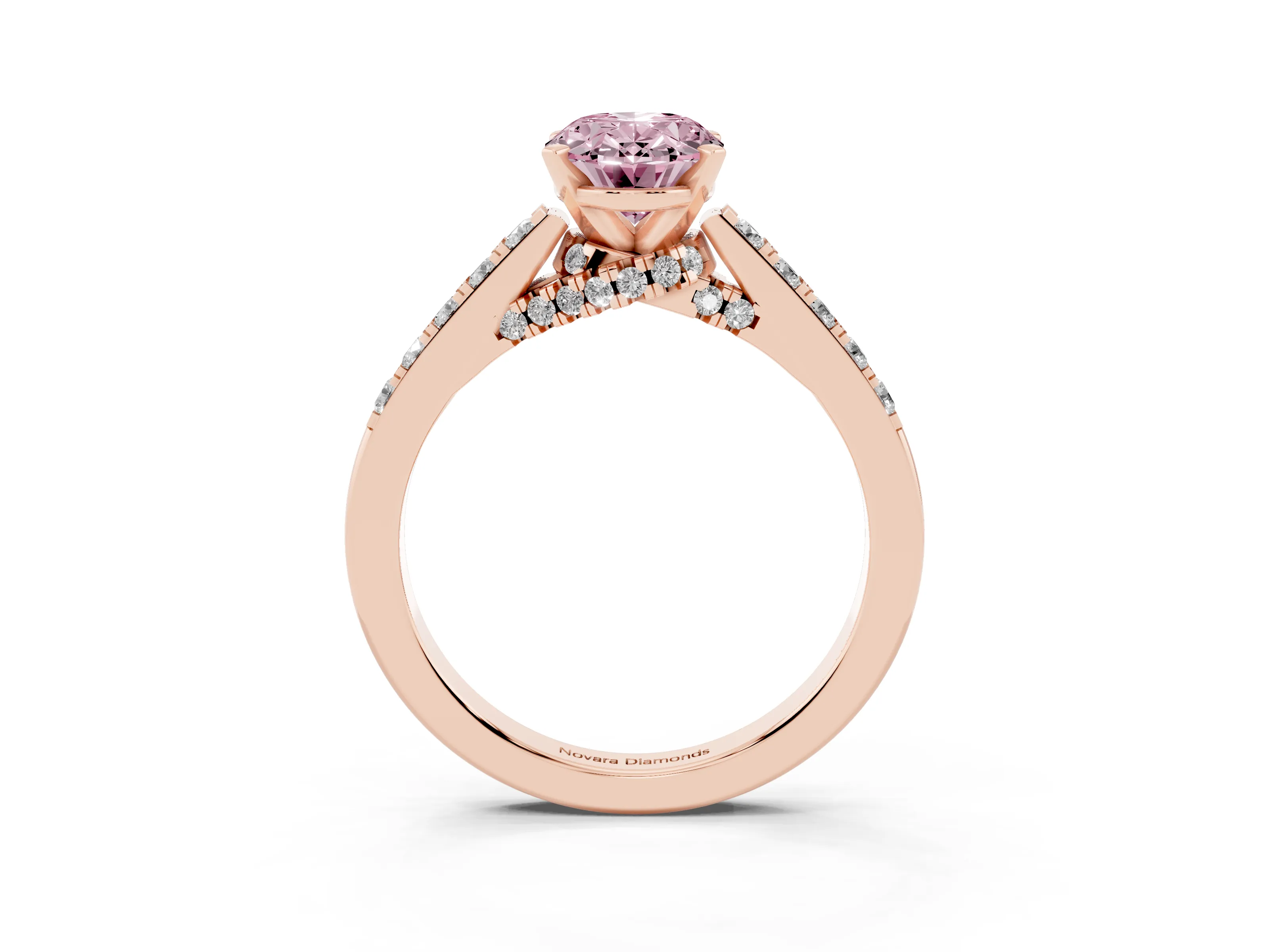 Fancy Pink Oval Cut Diamond Solitaire Ring Set in Rose gold with Crossover Gallery and Round Pavé Band