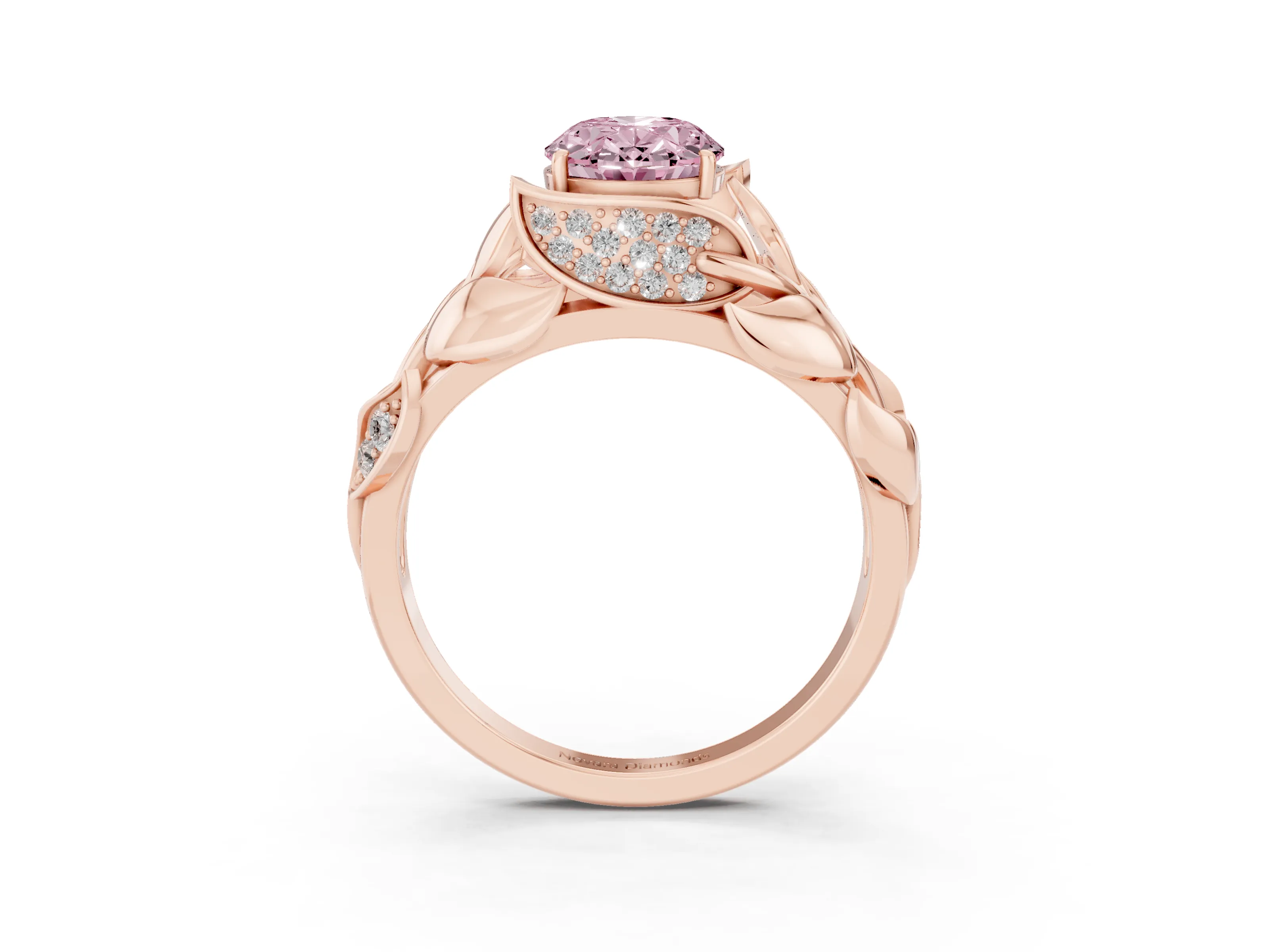 Fancy Pink Oval Cut Diamond Leaf-Inspired Engagement Ring Set in Rose gold with Round Accents