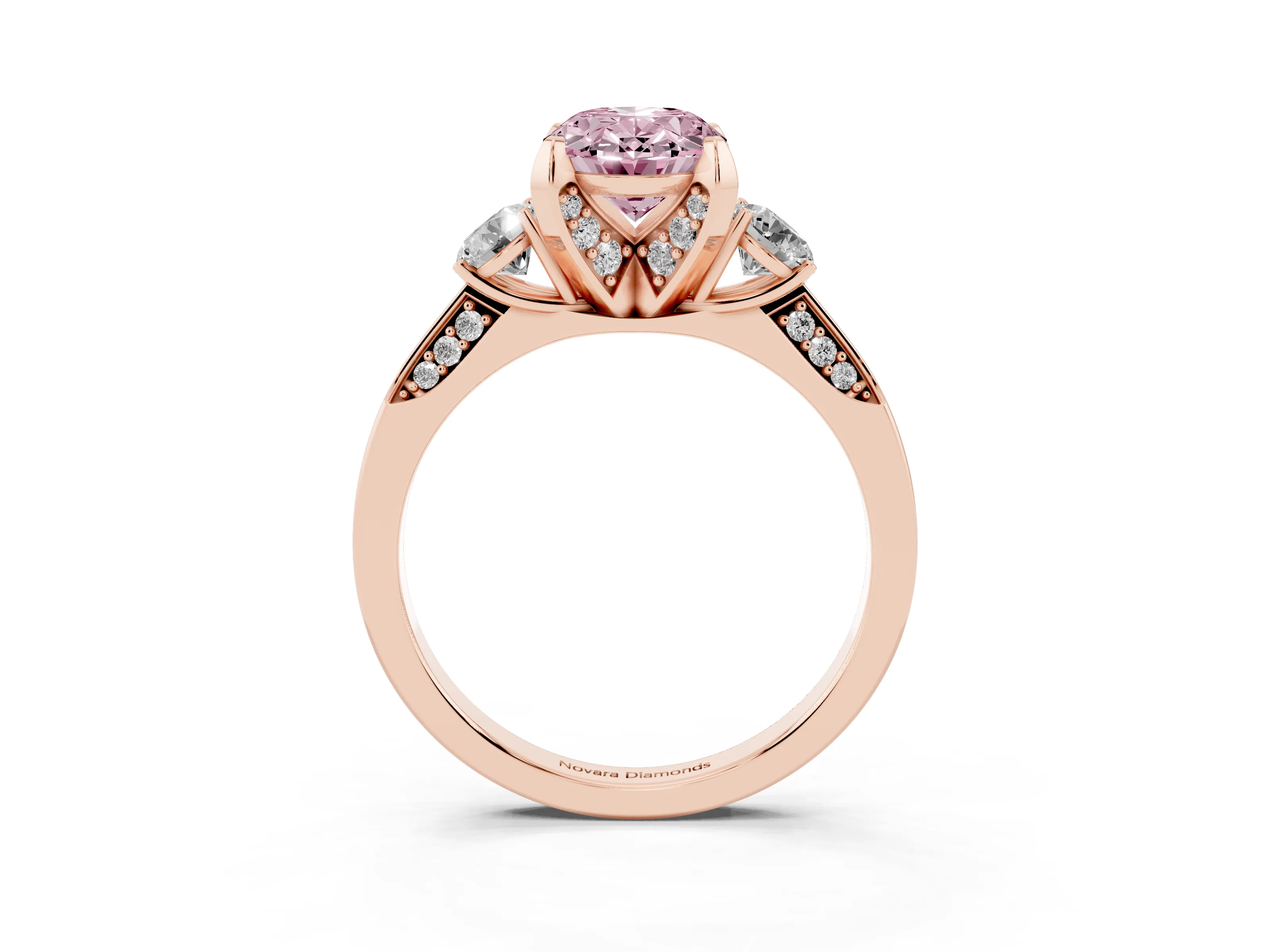 Fancy Pink Oval Cut Diamond Three-Stone Ring Set in Rose gold with Pavé Band and Smaller Side Stones