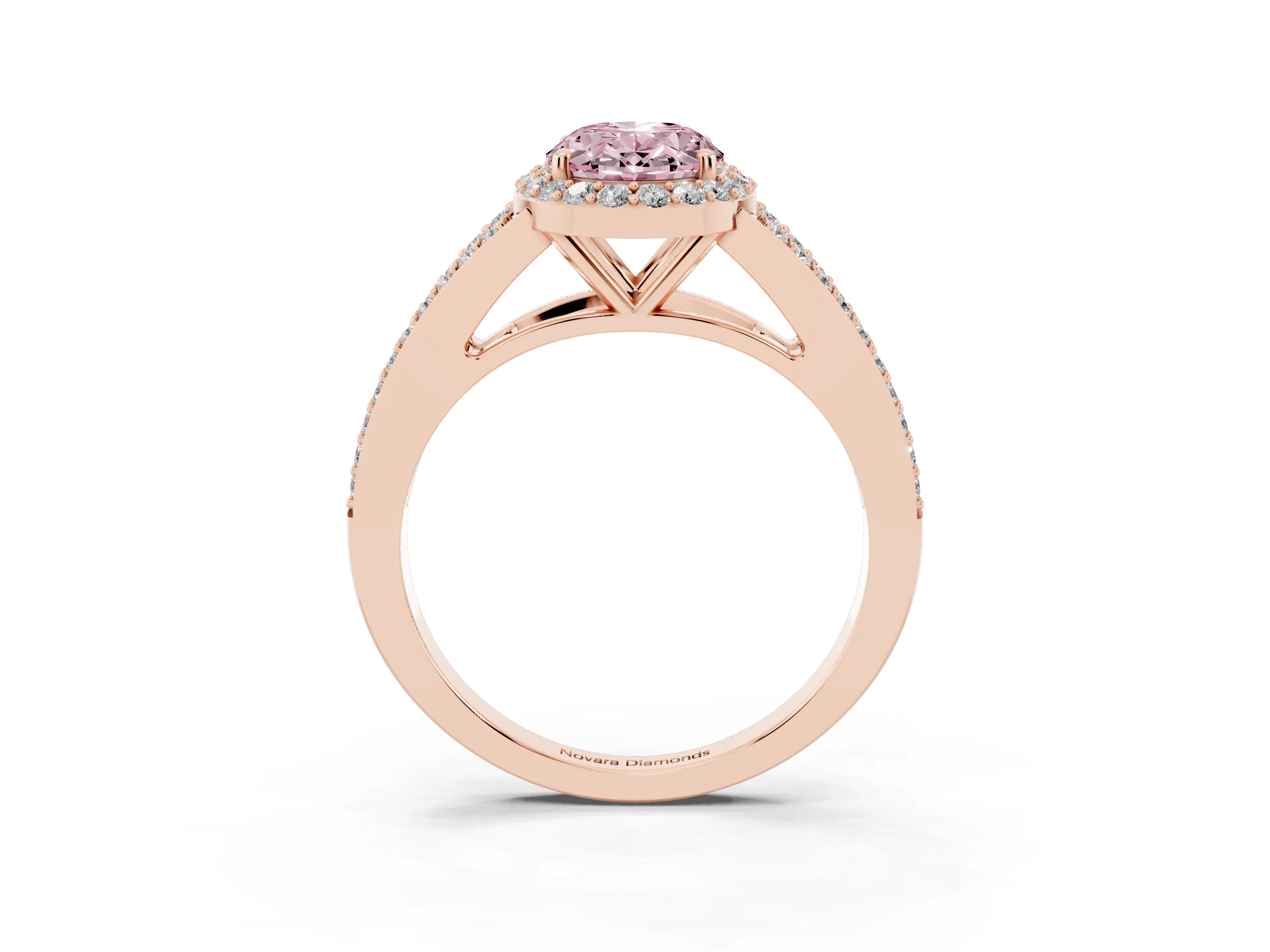 Fancy Pink Oval Cut Diamond Halo Split Shank Ring Set in Rose gold with Accent Stones and Prong Setting
