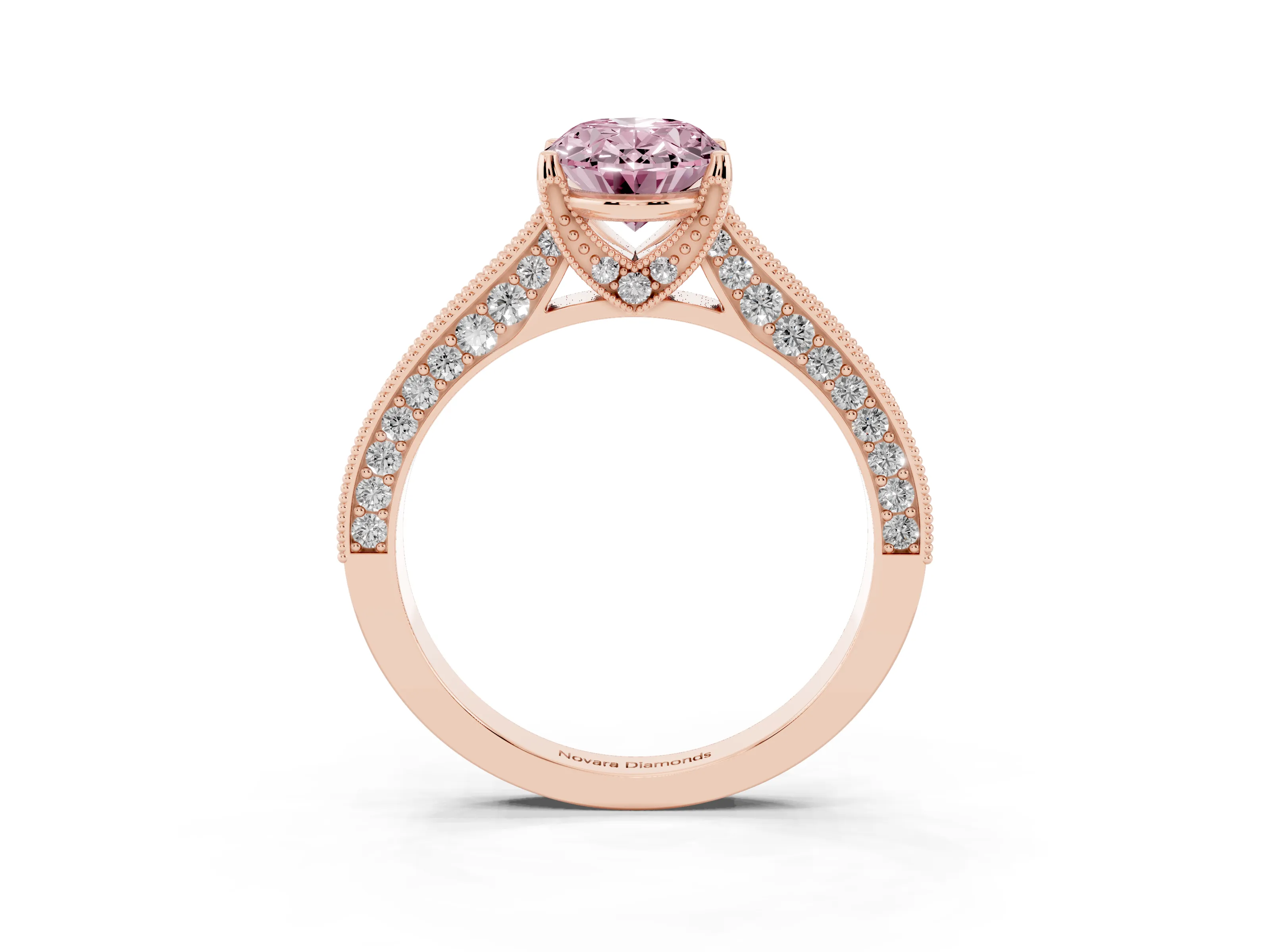 Fancy Pink Oval Cut Diamond Solitaire Ring Set in Rose gold with Milgrain-Edged Pavé Band and Prong Setting