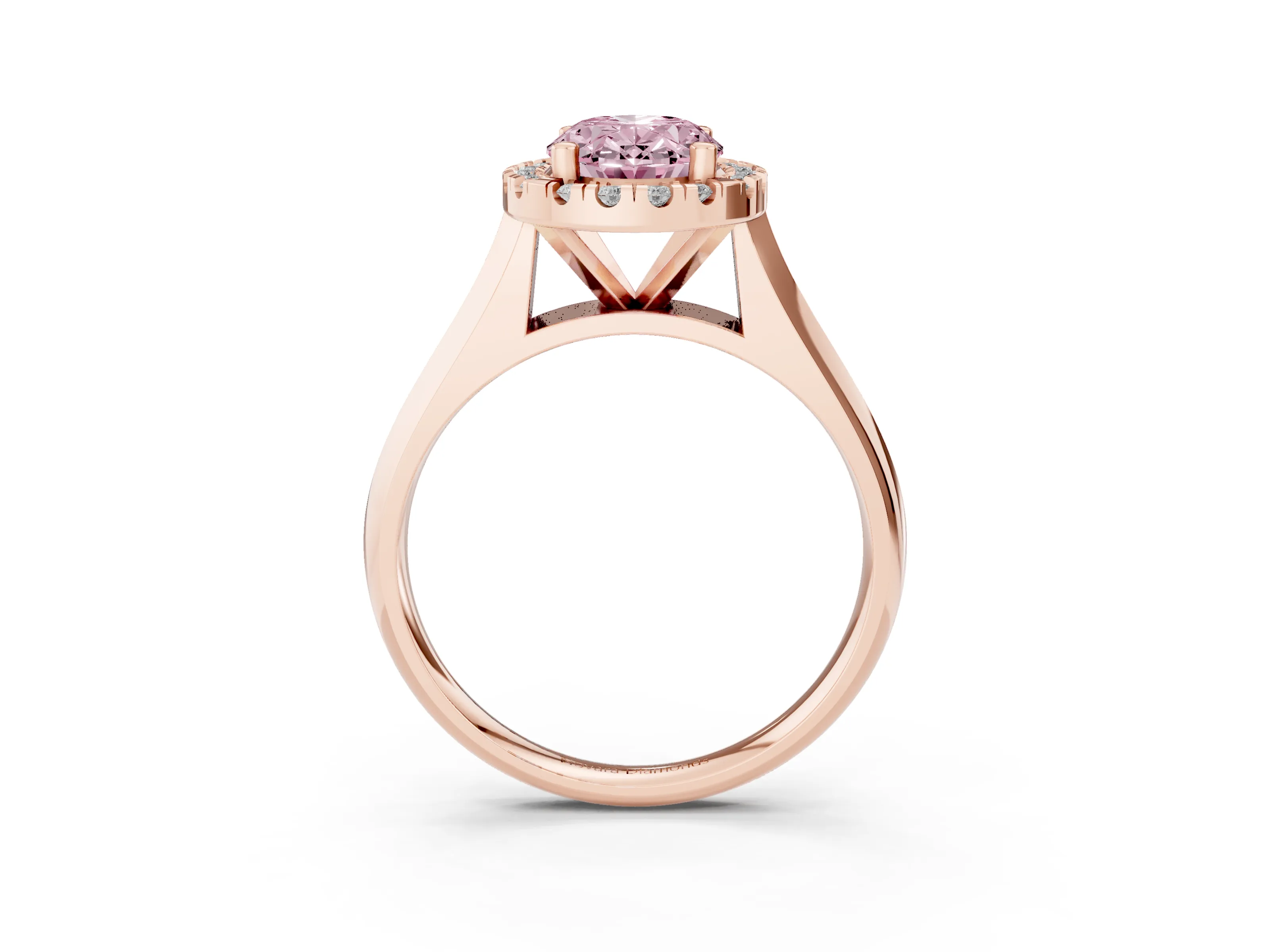 Fancy Pink Oval Cut Diamond Halo Solitaire Engagement Ring Set in Rose gold with Square Band and Prong Setting