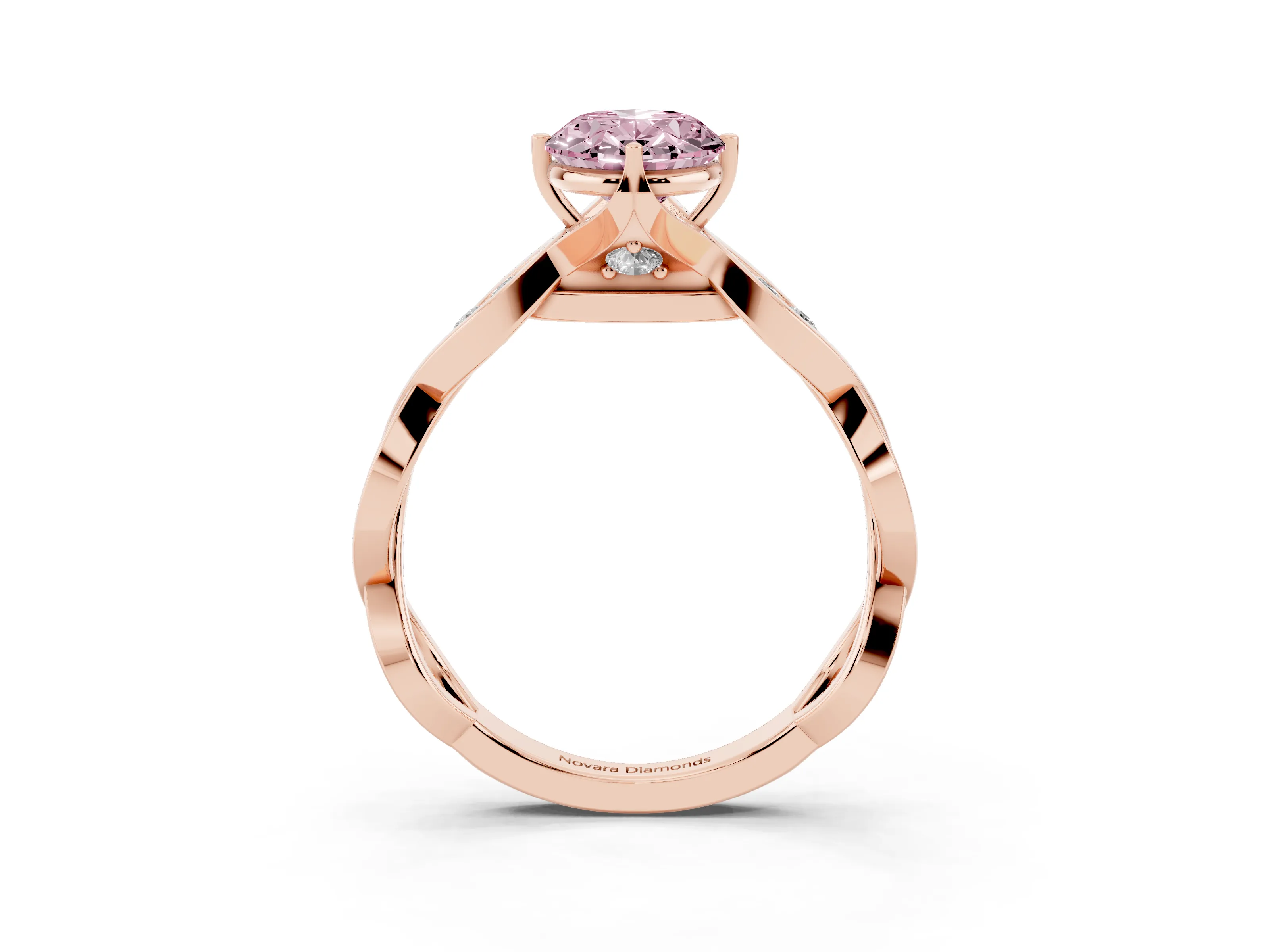 Fancy Pink Oval Cut Diamond Twist Band Solitaire Ring Set in Rose gold with Leaf Prong Setting and Accent Stones