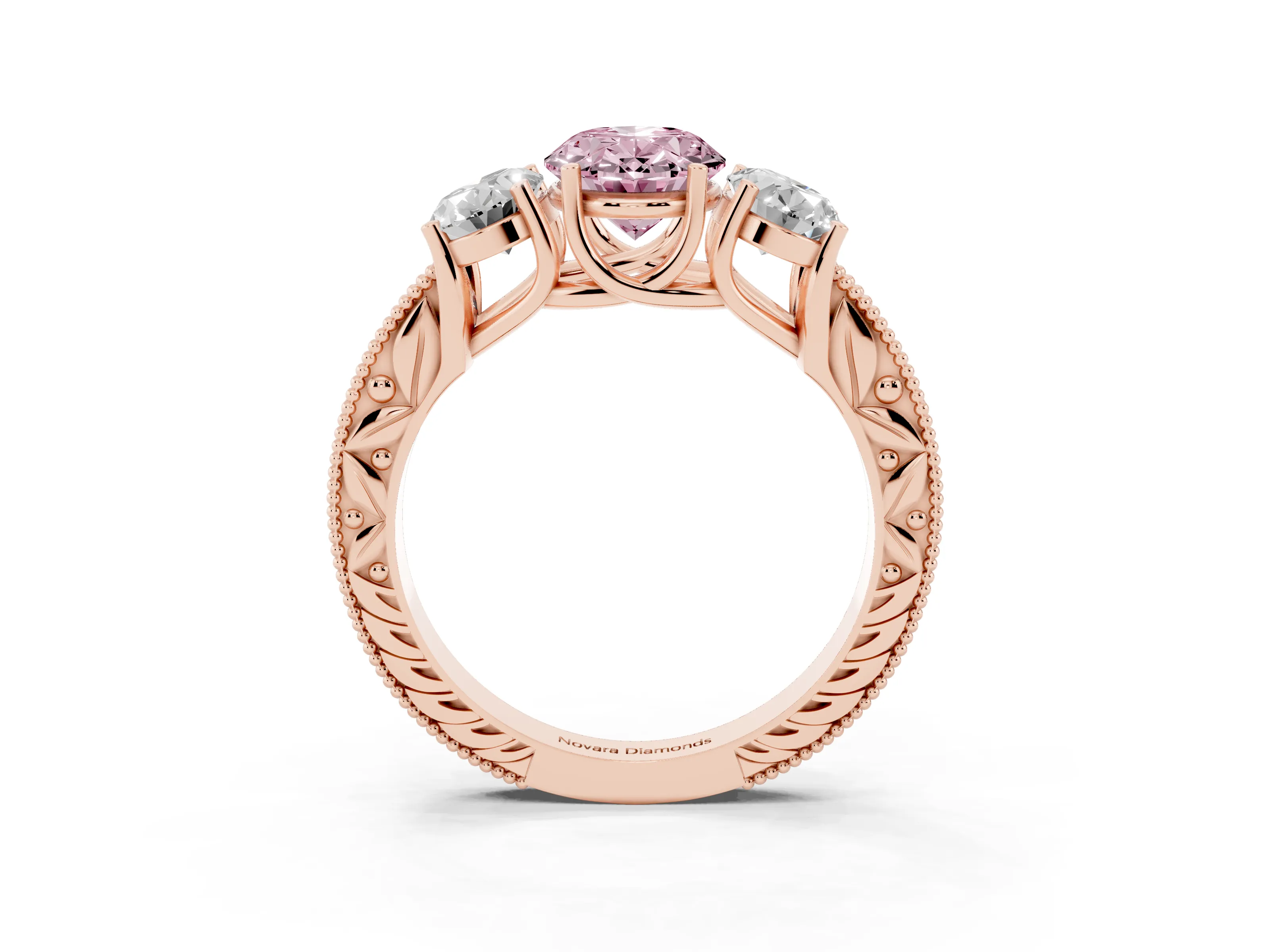 Fancy Pink Oval Cut Diamond Three-Stone Engagement Ring Set in Rose gold with Milgrain Pavé Band