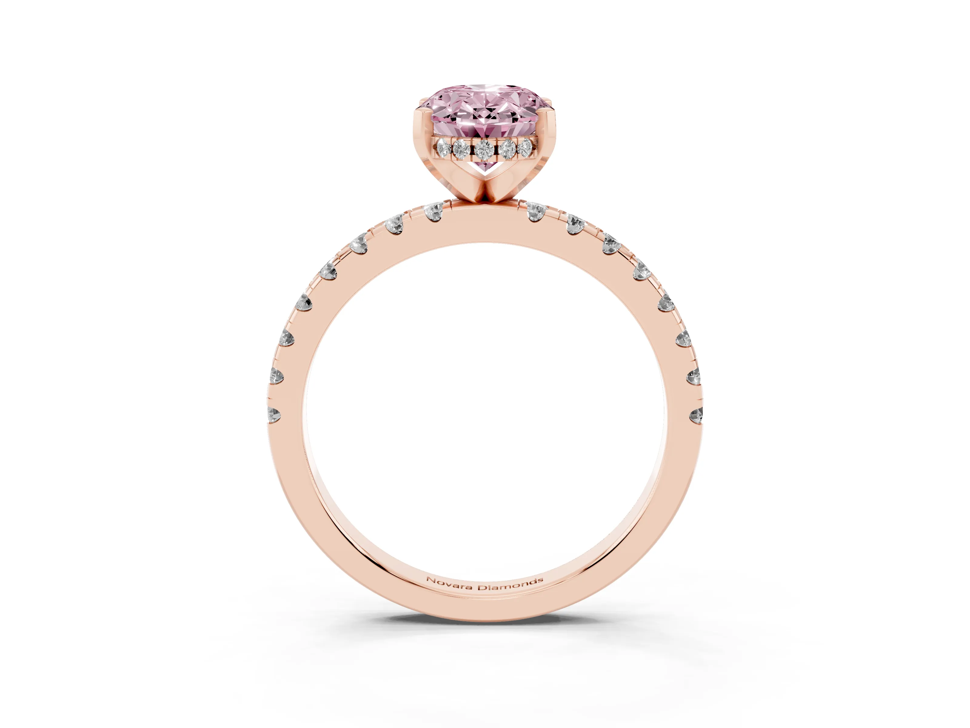 Fancy Pink Oval Cut Diamond Pavé Solitaire Ring Set in Rose gold with Round Band Accents and Prong Setting