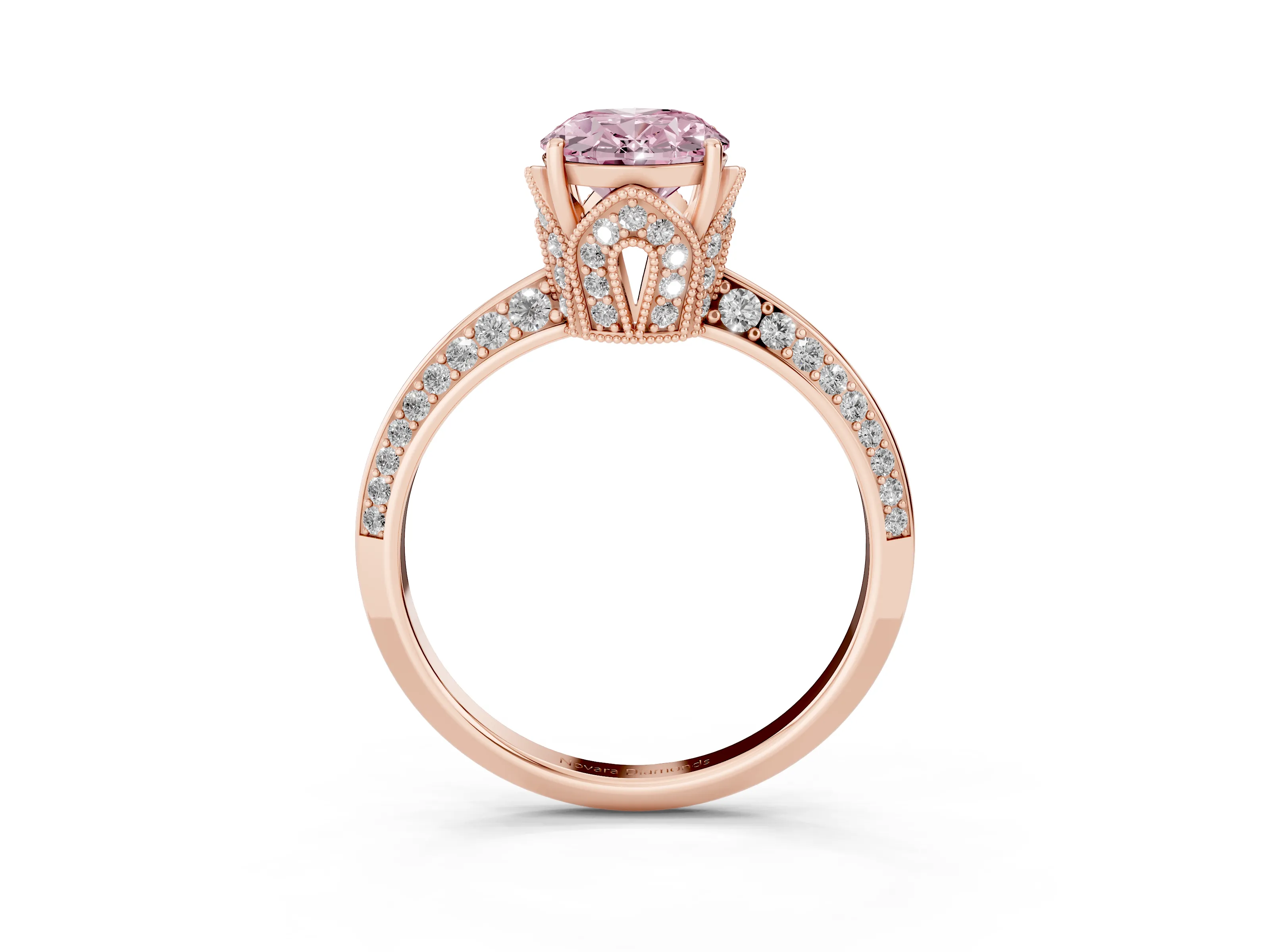 Fancy Pink Oval Cut Diamond Solitaire Engagement Ring Set in Rose gold with Pavé Split Shank and Prong Setting