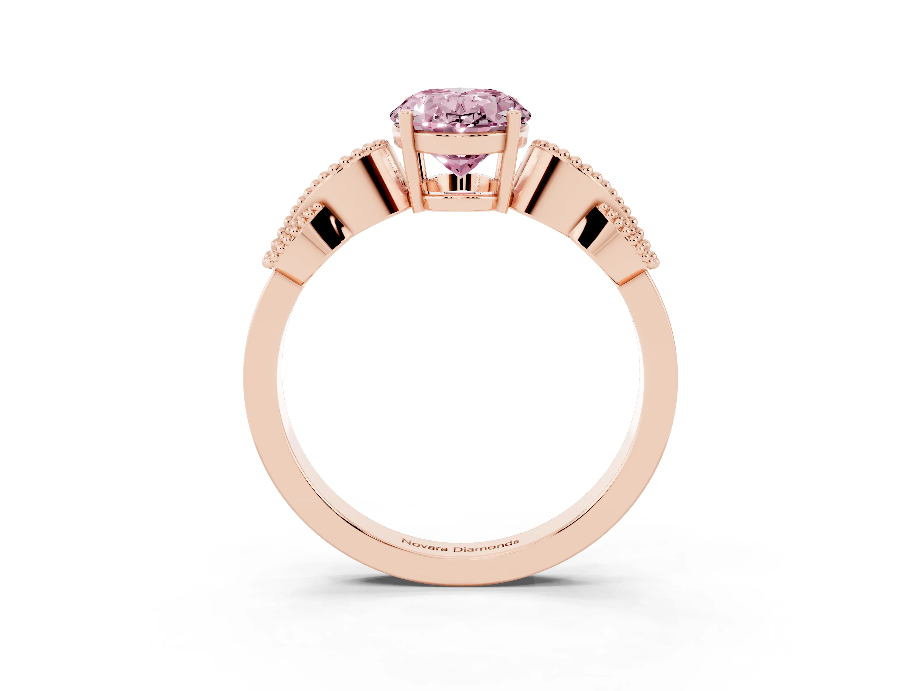 Fancy Pink Oval Cut Diamond Milgrain Leaf Band Solitaire Ring Set in Rose gold with Accent Stones and Prong Setting