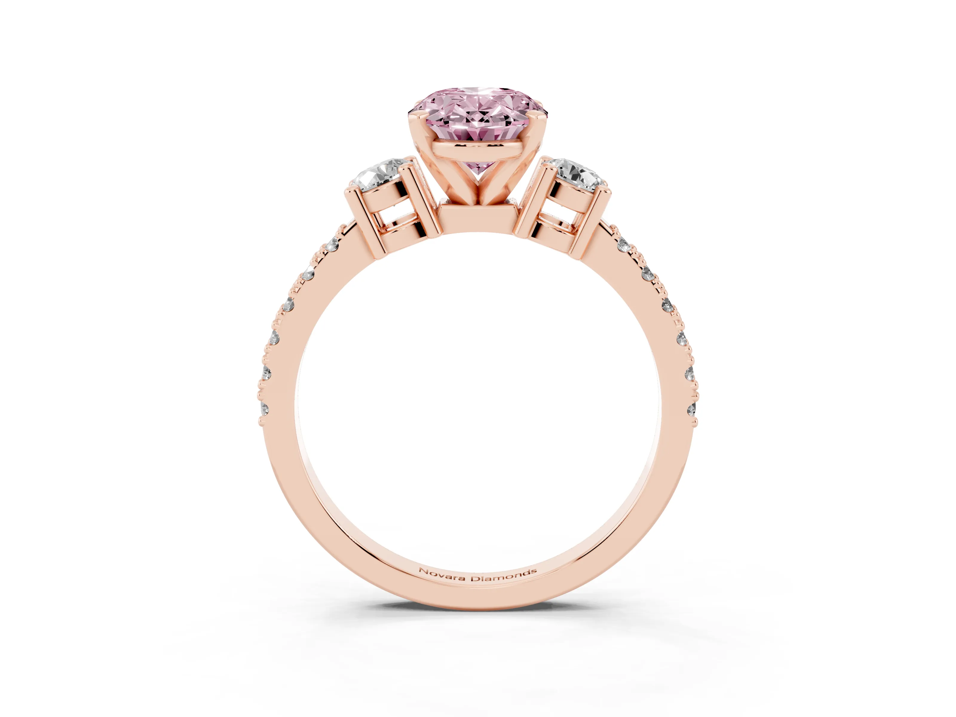 Fancy Pink Three-Stone Oval Cut Diamond Pavé Band Ring Set in Rose gold with Prong Setting