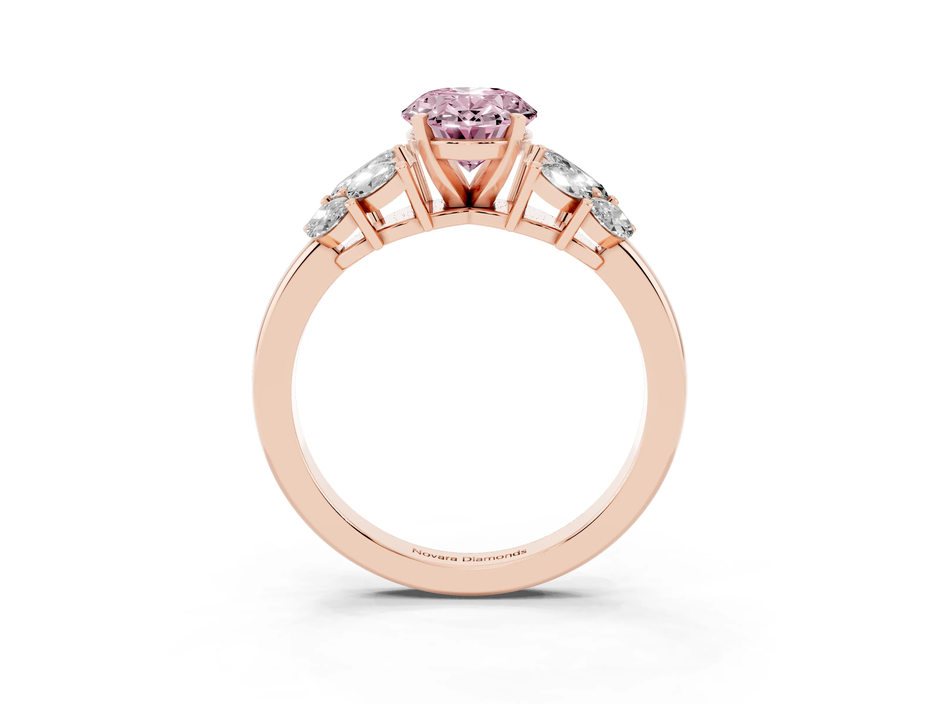 Fancy Pink Oval Cut Diamond Cluster Leaf Design Ring Set in Rose gold with Prong Setting