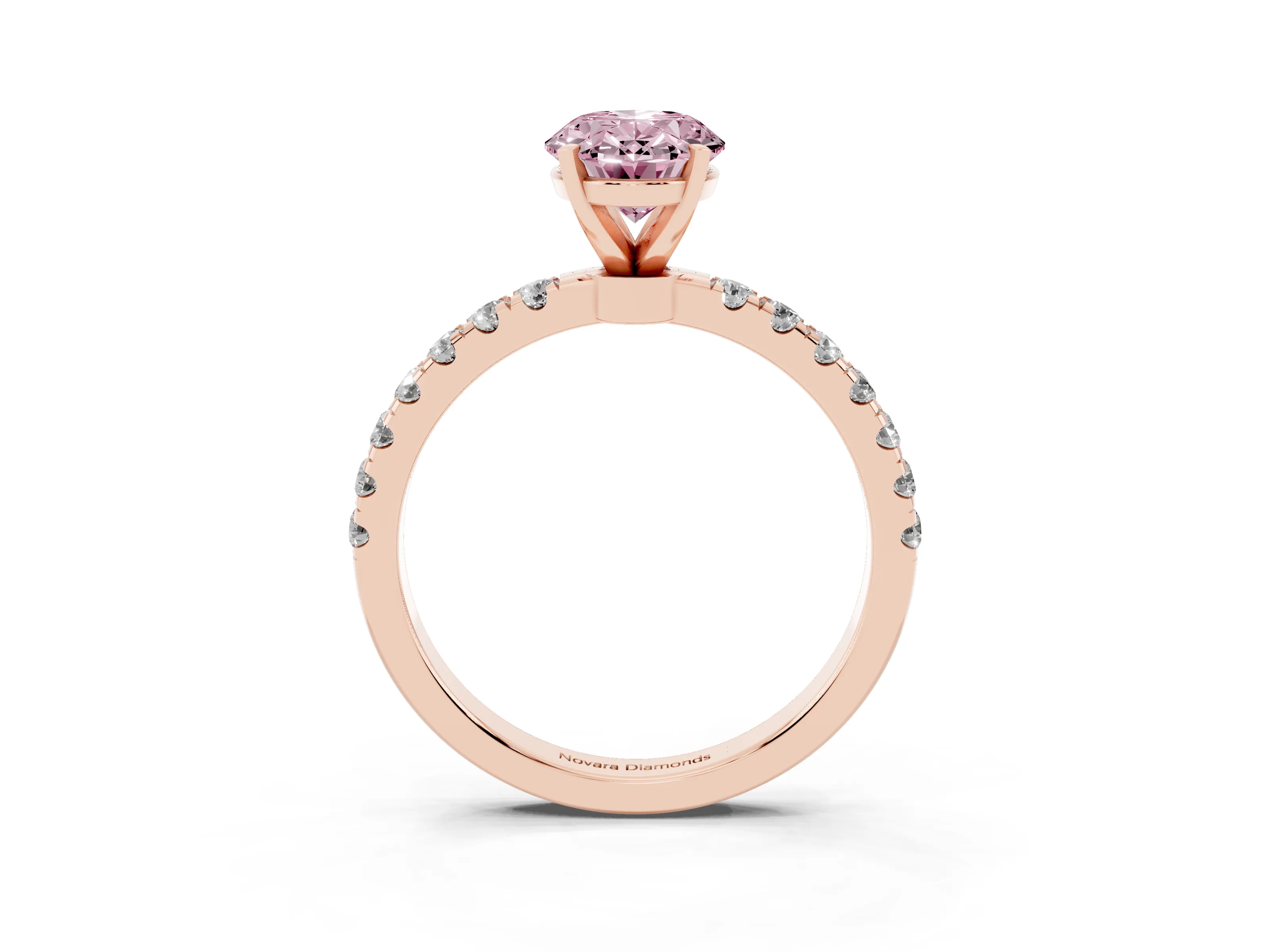 Fancy Pink Oval Cut Diamond Solitaire Ring Set in Rose gold with Pavé Accents and Prong Setting