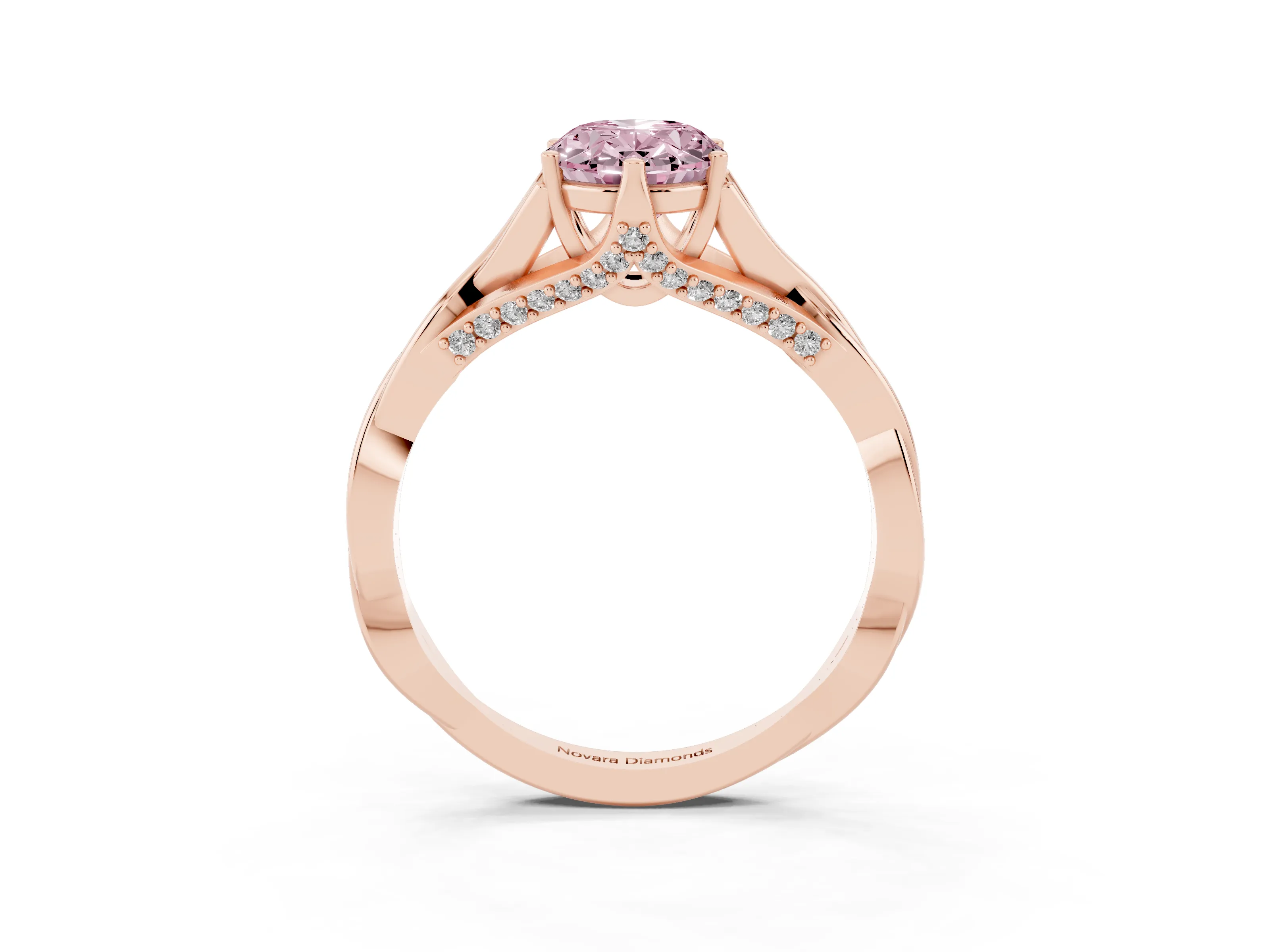 Fancy Pink Oval Cut Diamond Intertwined Twist Band Solitaire Ring Set in Rose gold with Prong Setting