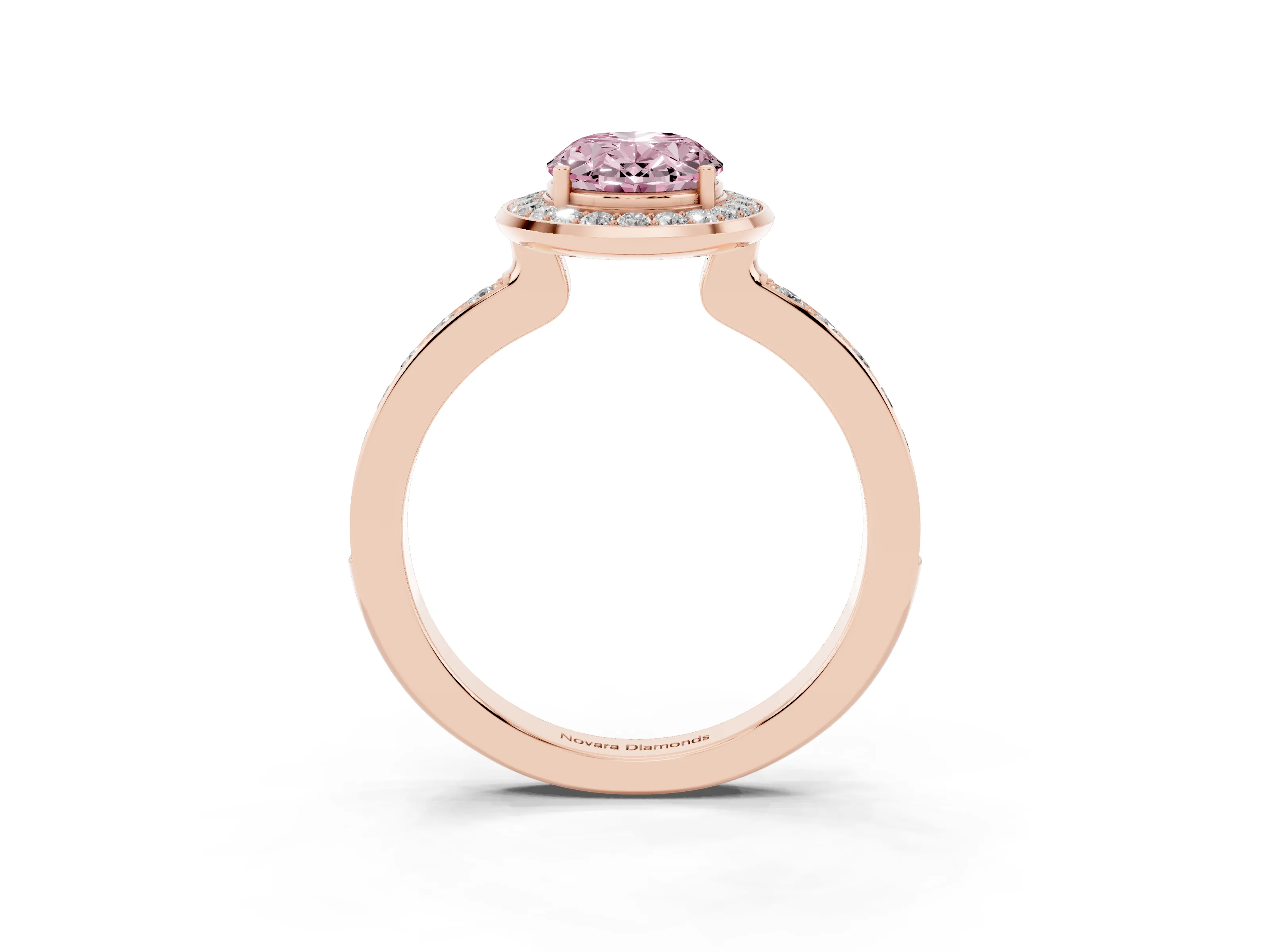 Fancy Pink Oval Cut Diamond Halo Ring Set in Rose gold with Bezel Frame and Pavé Band