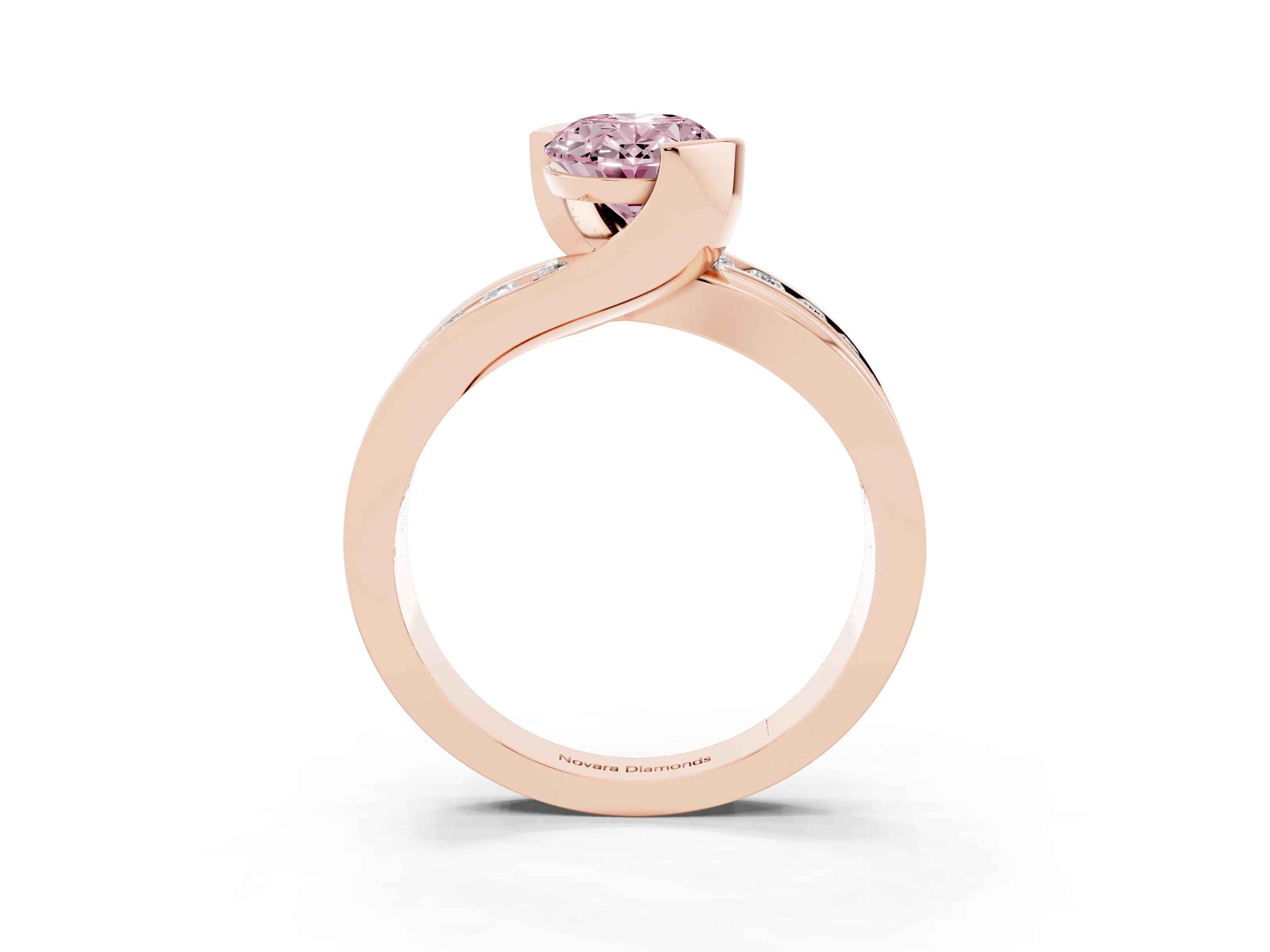 Fancy Pink Oval Cut Diamond Solitaire Ring Set in Rose gold with Channel Set Split Shank and Tension Prongs