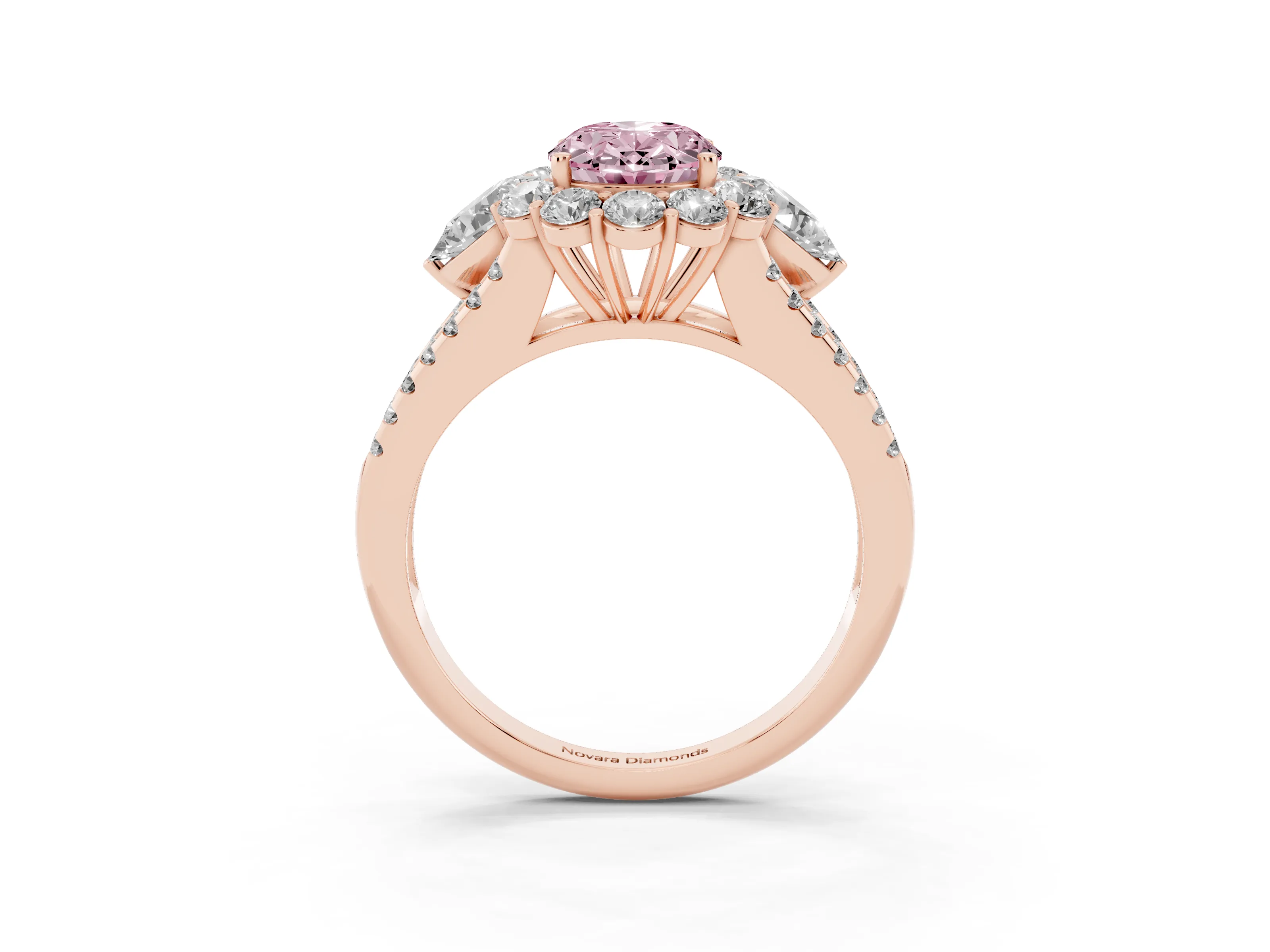 Fancy Pink Oval Cut Diamond Halo Split Shank Engagement Ring Set in Rose gold with Prong-Held Center Stone