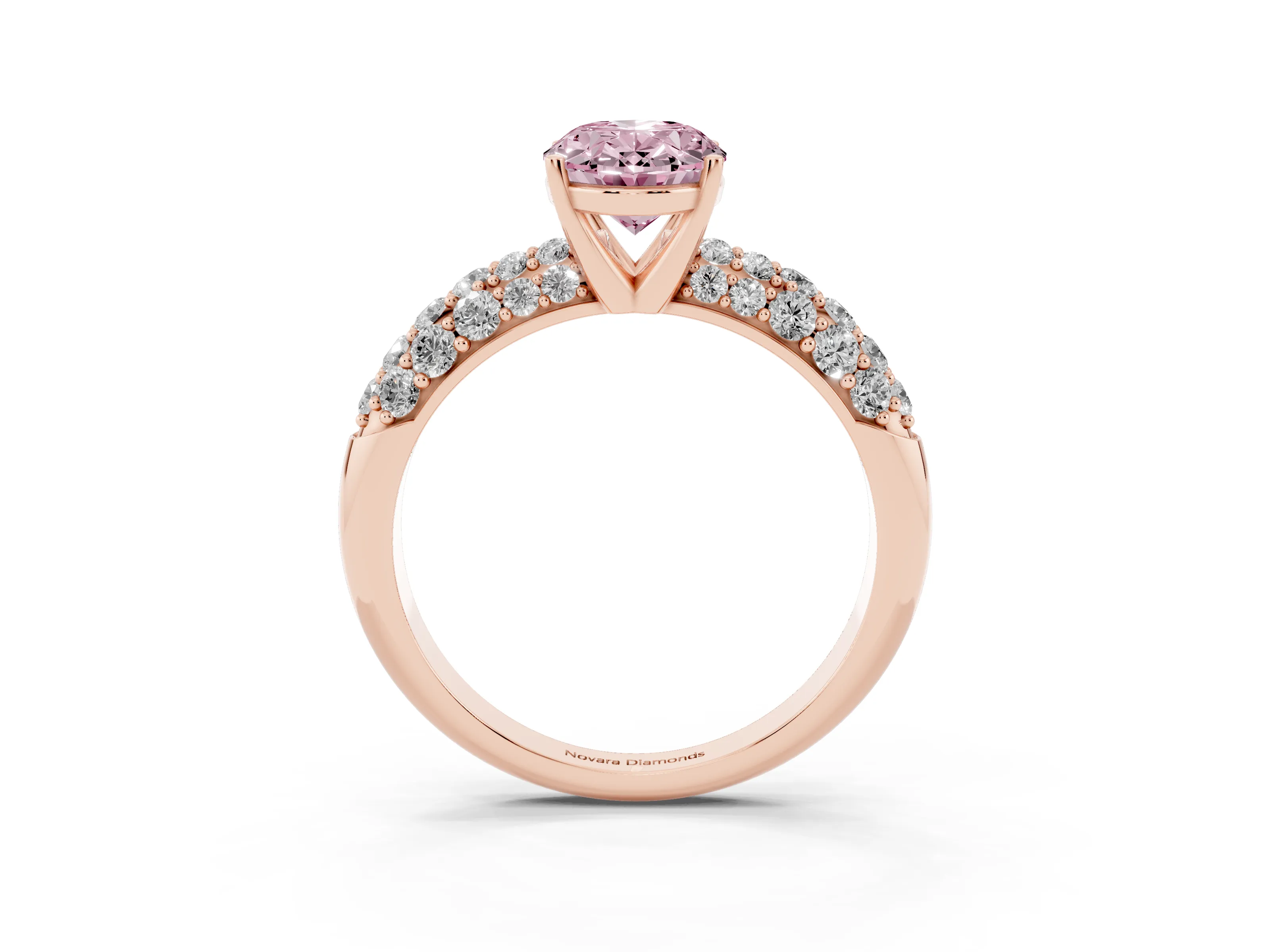 Fancy Pink Oval Cut Diamond Pavé Band Solitaire Ring Set in Rose gold with Close-Set Accent Stones and Prong Setting