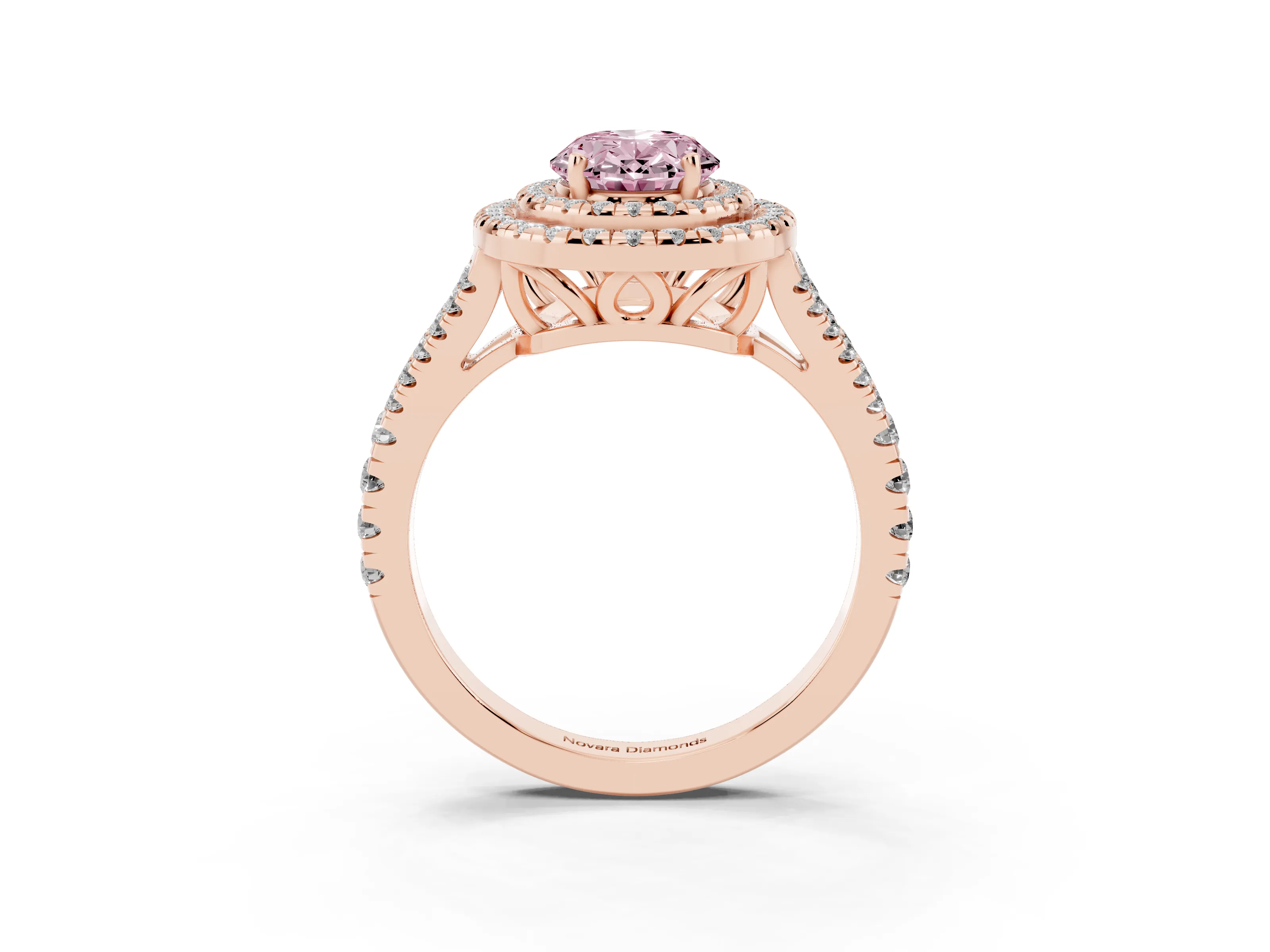 Fancy Pink Oval Cut Diamond Double Halo Ring Set in Rose gold with Pavé Band