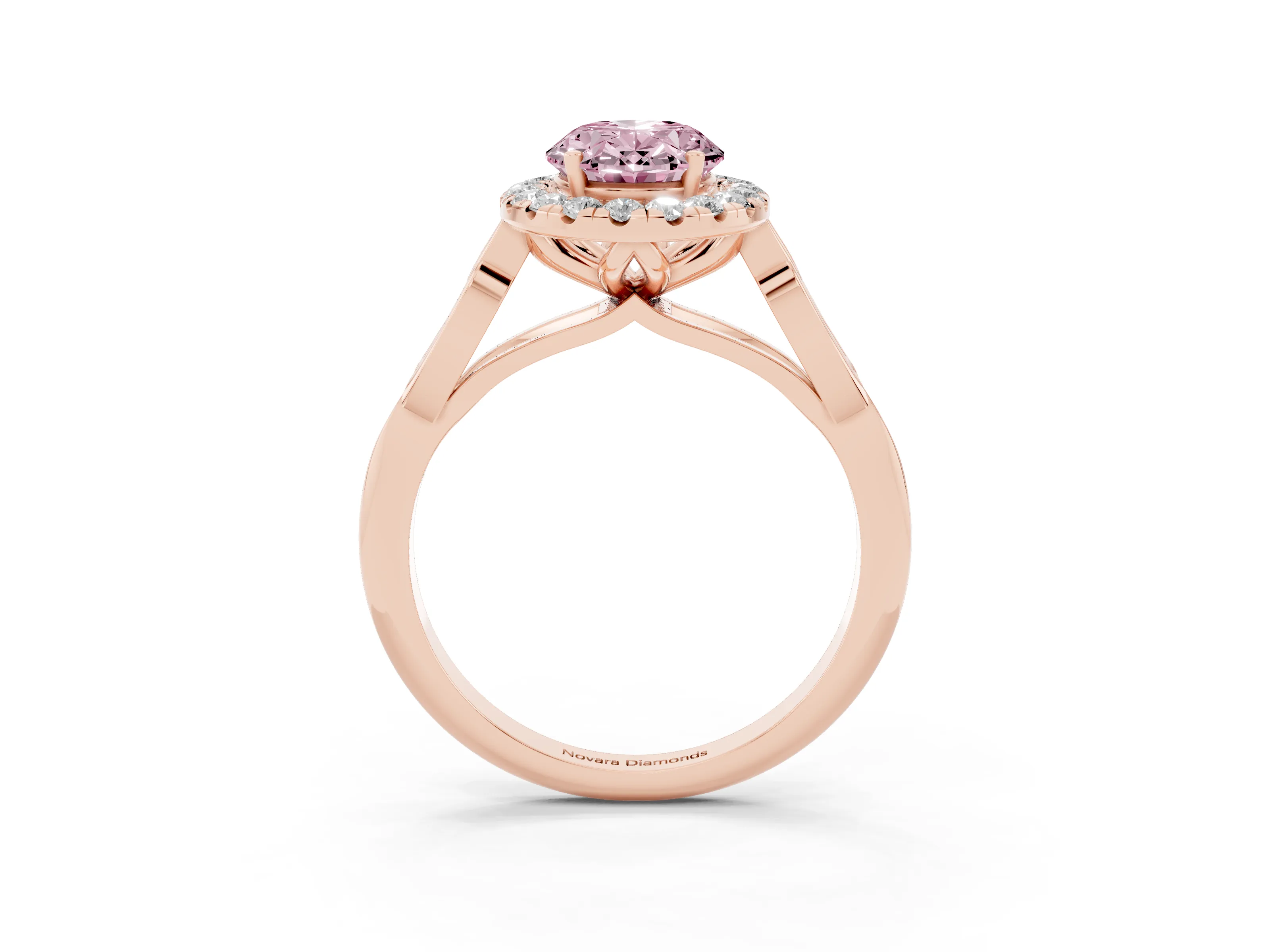 Fancy Pink Oval Cut Diamond Halo Engagement Ring Set in Rose gold with Filigree Band and Prong-Set Center
