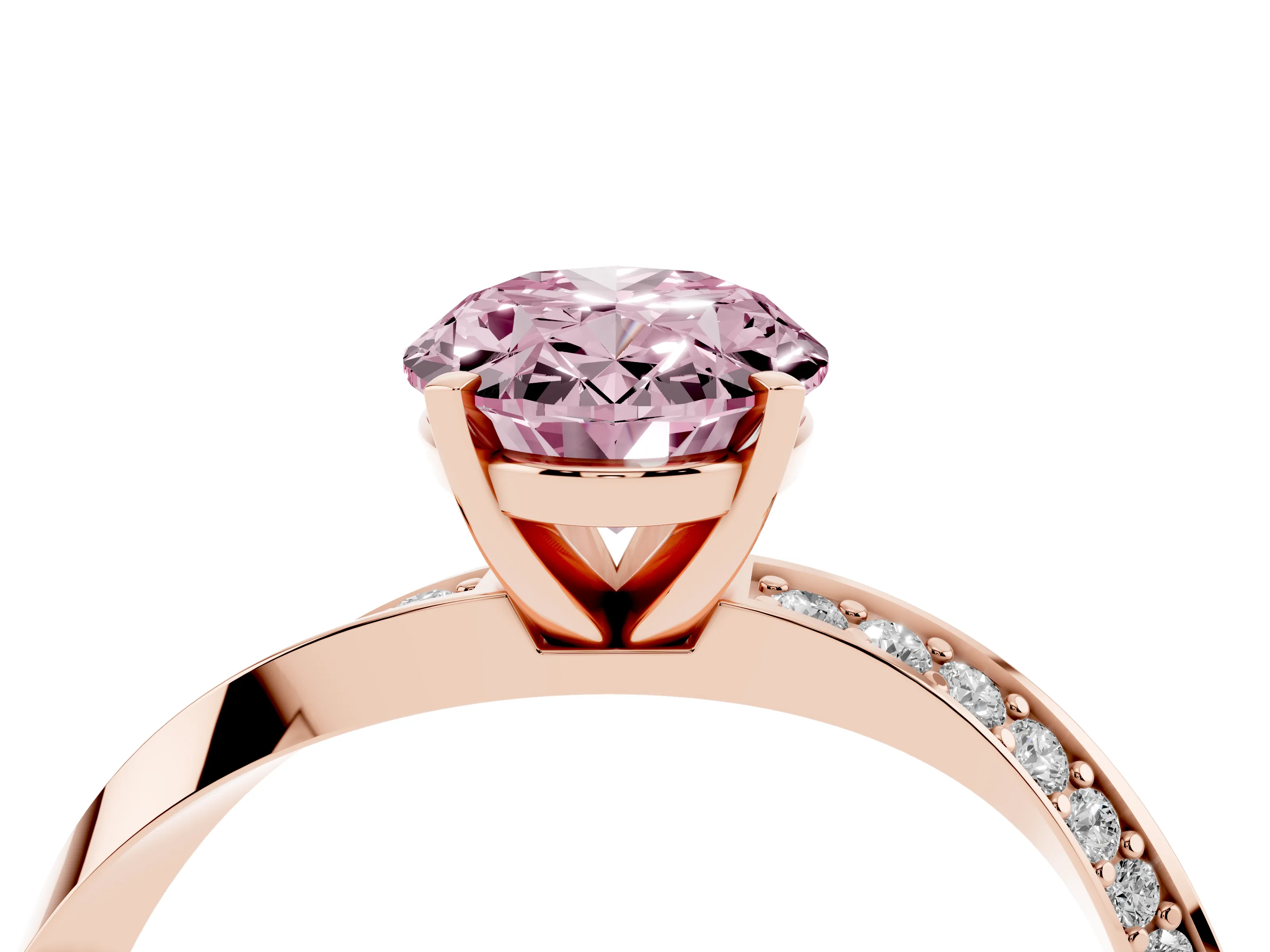 Fancy Pink Oval Cut Diamond Engagement Ring Set in Rose gold with Side Stone Accents and Prong Setting