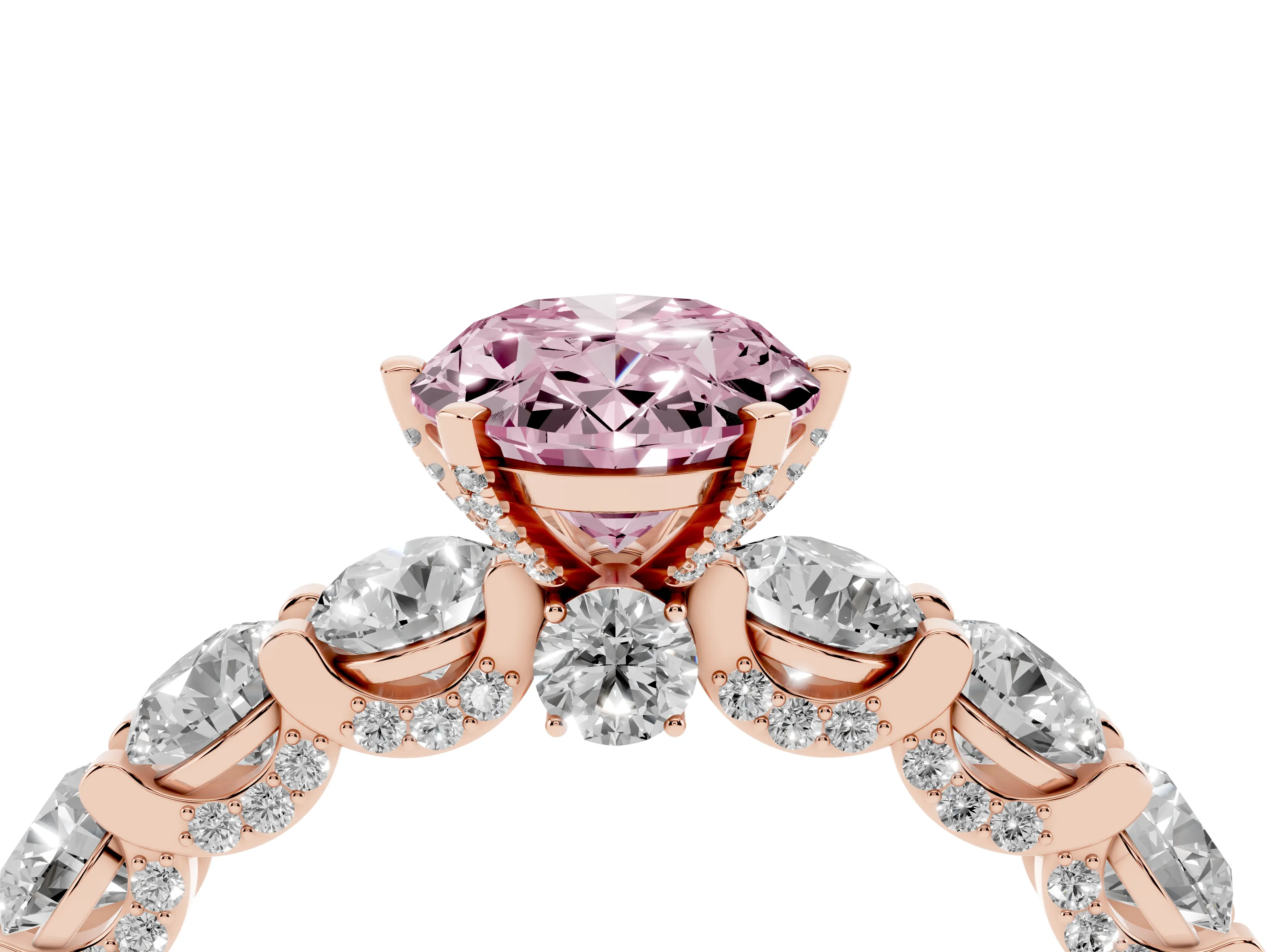 Fancy Pink Oval Cut Diamond Side Stone Ring Set in Rose gold with Alternating Round and Oval Side Stones