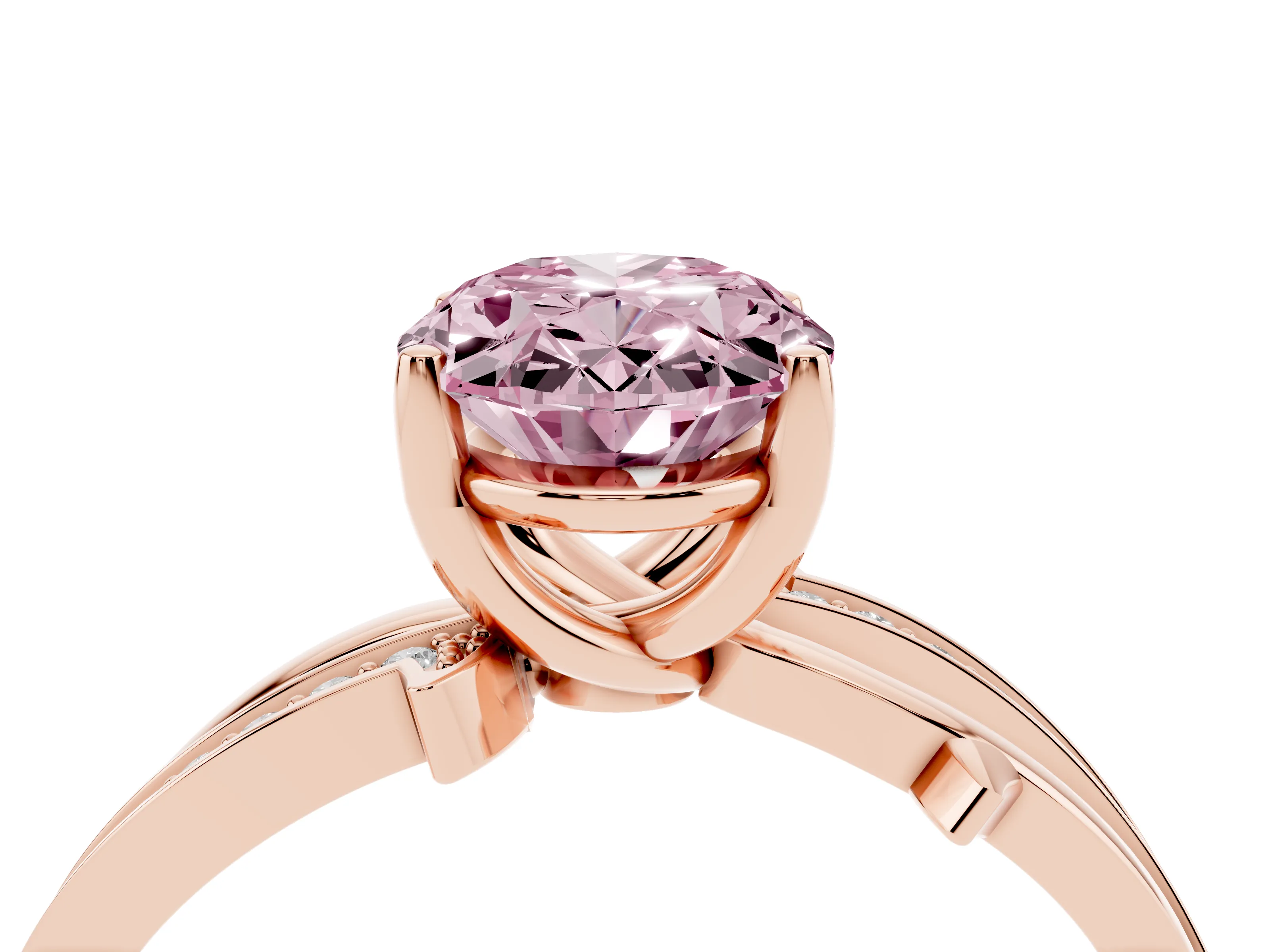 Fancy Pink Oval Cut Diamond Pavé Twist Band Solitaire Ring Set in Rose gold with Prong Setting