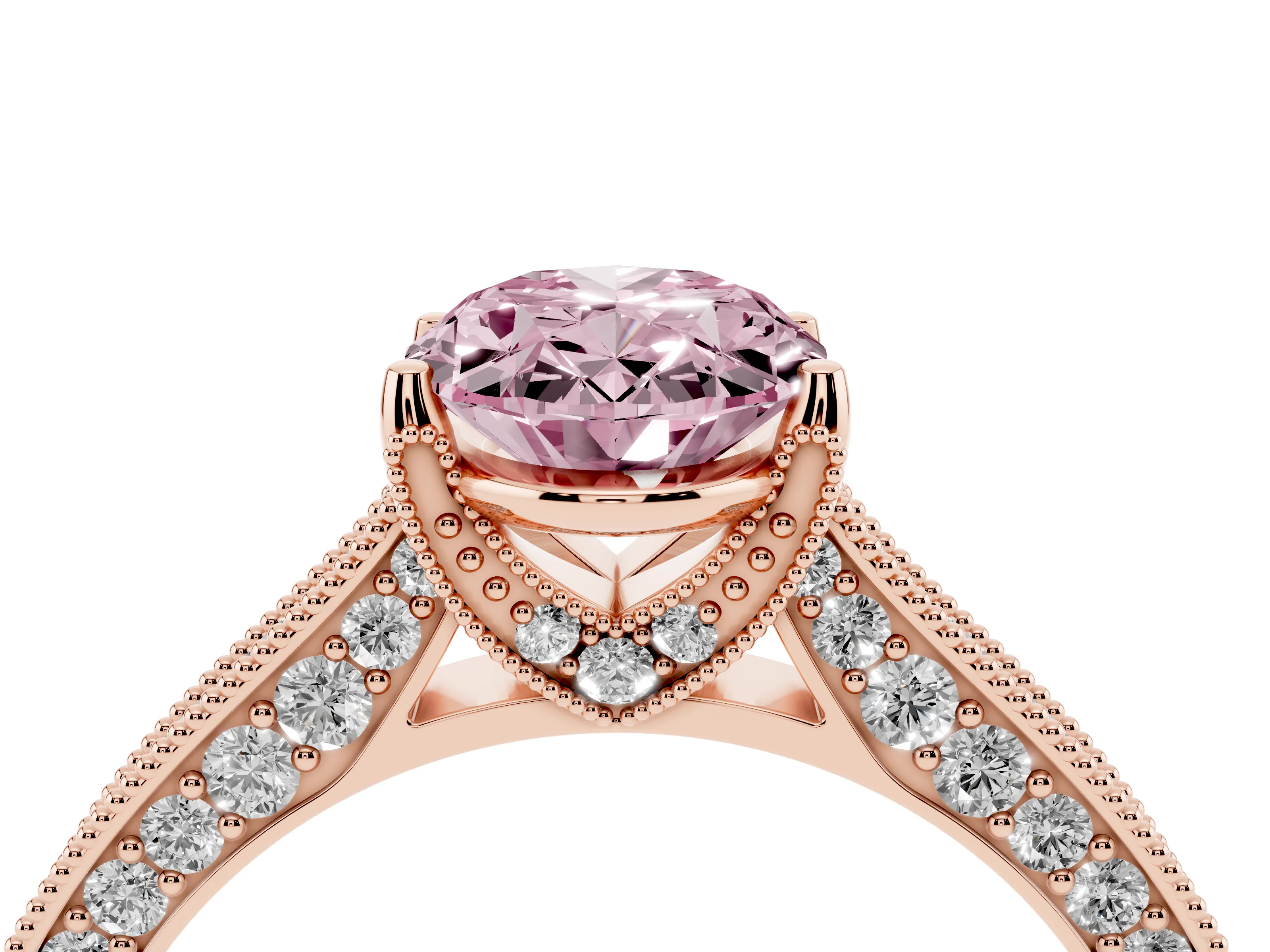Fancy Pink Oval Cut Diamond Solitaire Ring Set in Rose gold with Milgrain-Edged Pavé Band and Prong Setting