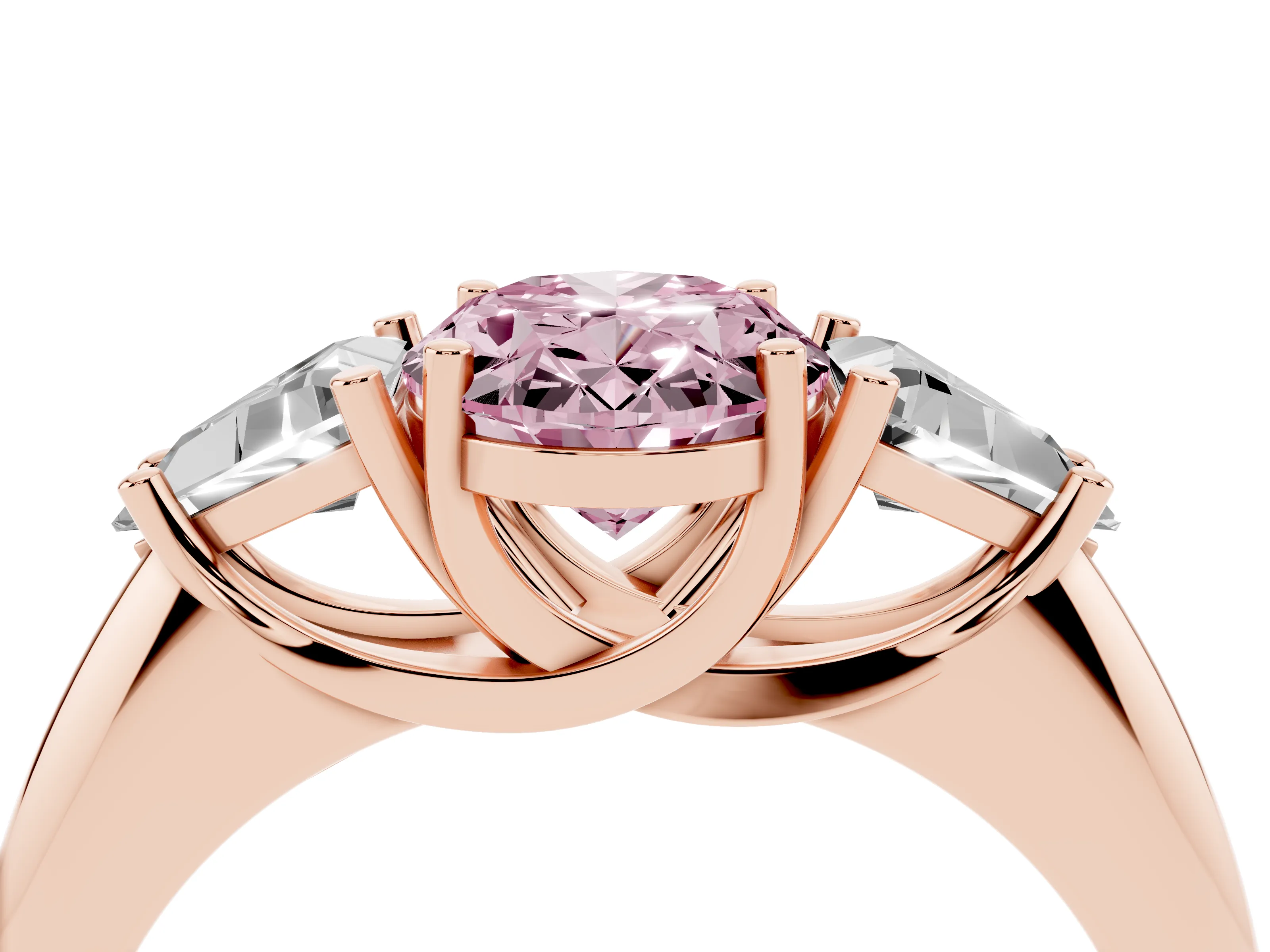 Fancy Pink Oval Cut Diamond Three-Stone Engagement Ring Set in Rose gold with Trillion Side Stones