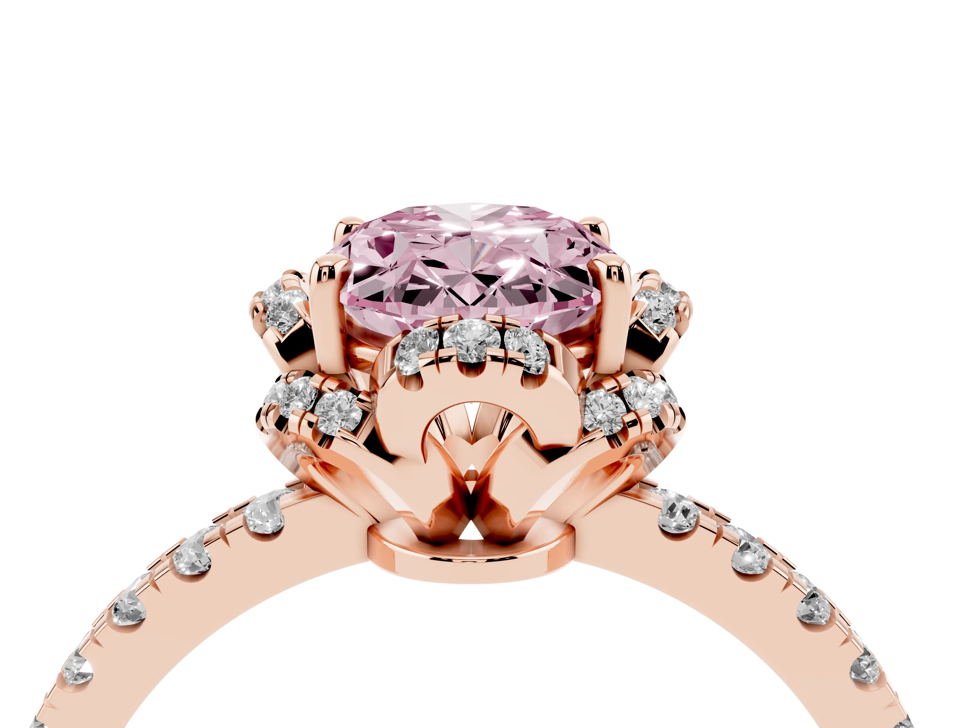 Fancy Pink Oval Cut Diamond Halo Pavé Band Ring Set in Rose gold with Prong-Held Center