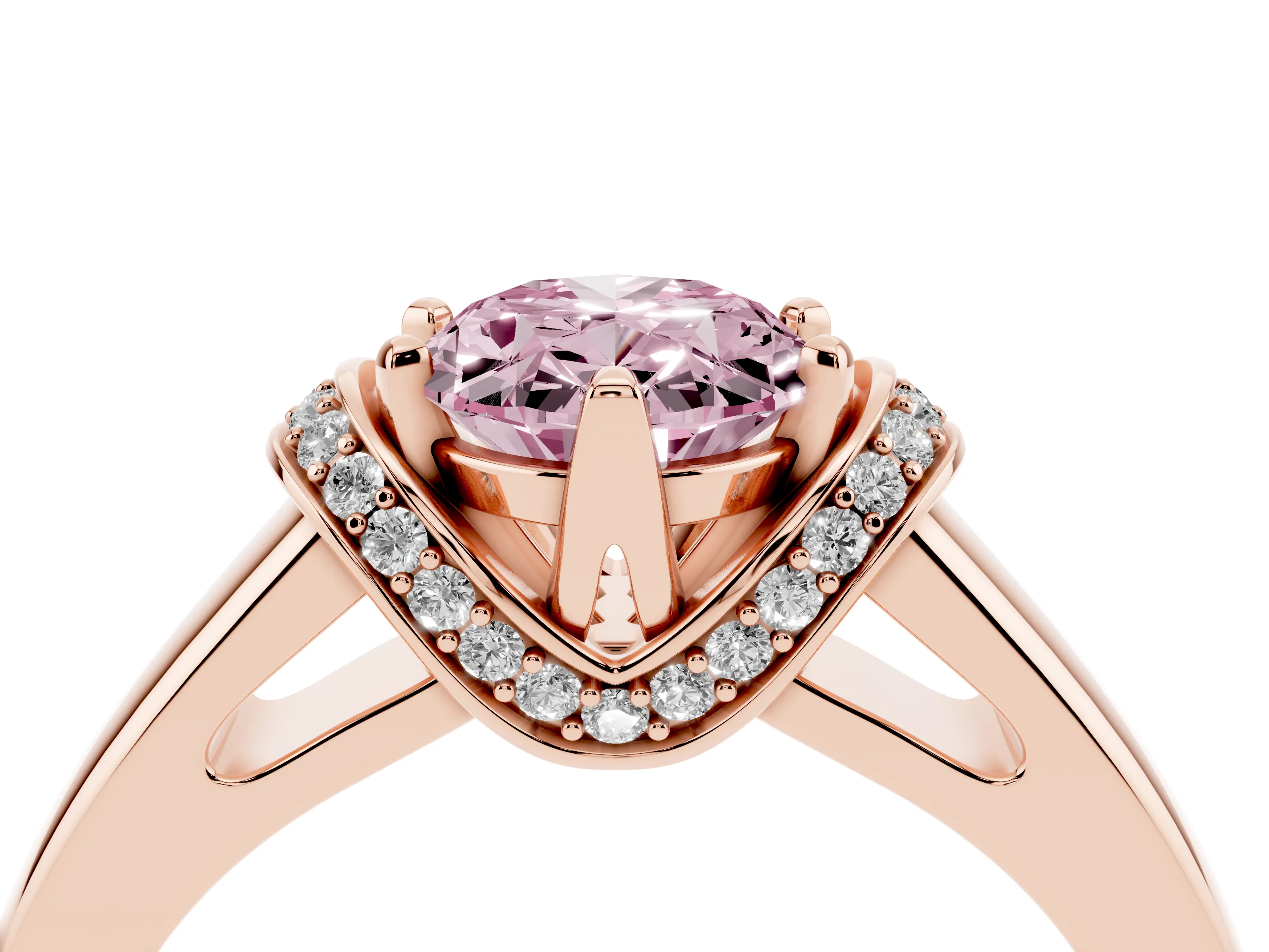 Fancy Pink Oval Cut Diamond Pavé Band Solitaire Ring Set in Rose gold with Prong Setting