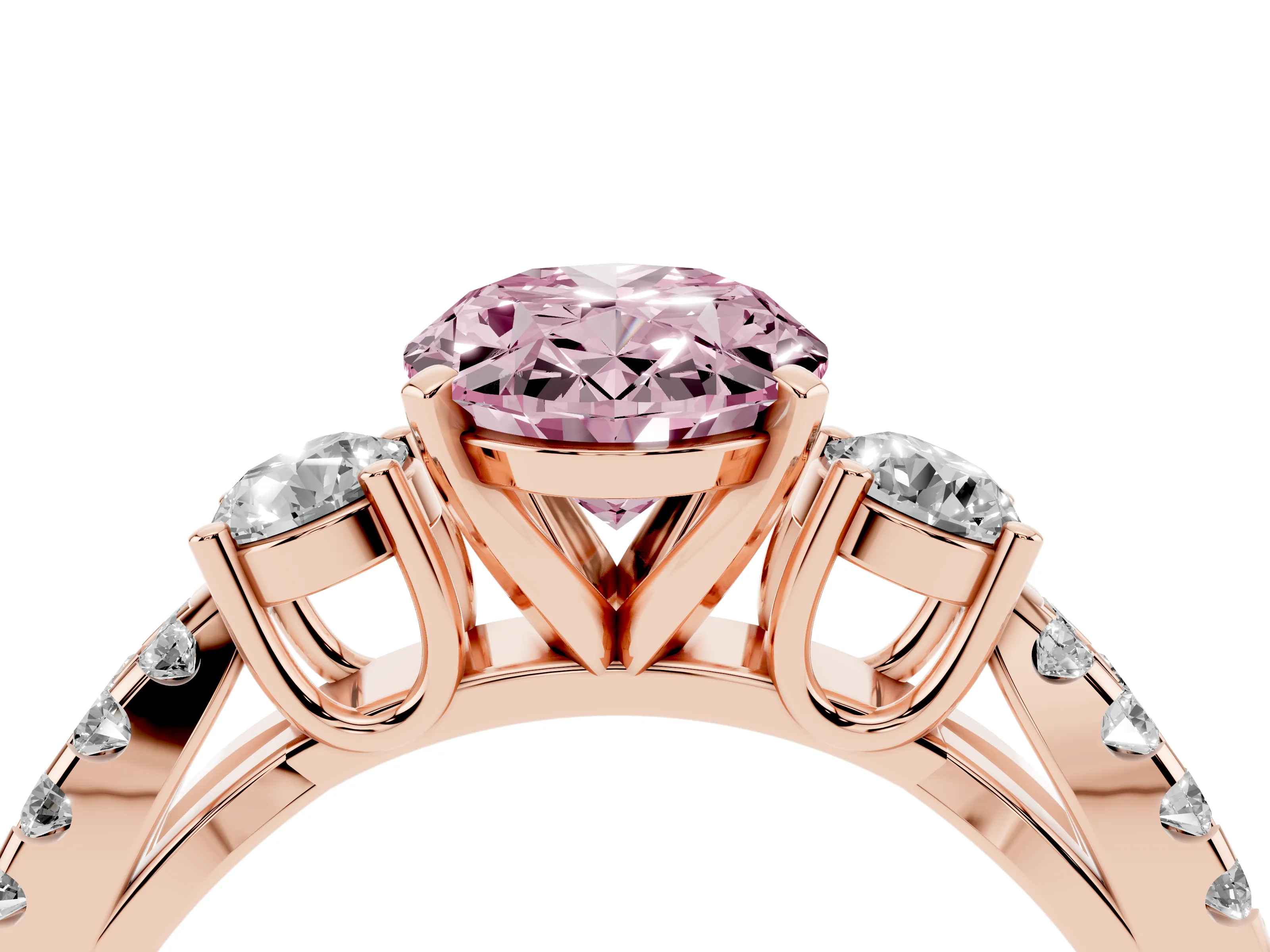 Fancy Pink Oval Cut Diamond Three-Stone Ring Set in Rose gold with Pavé Split Shank and Prong Setting
