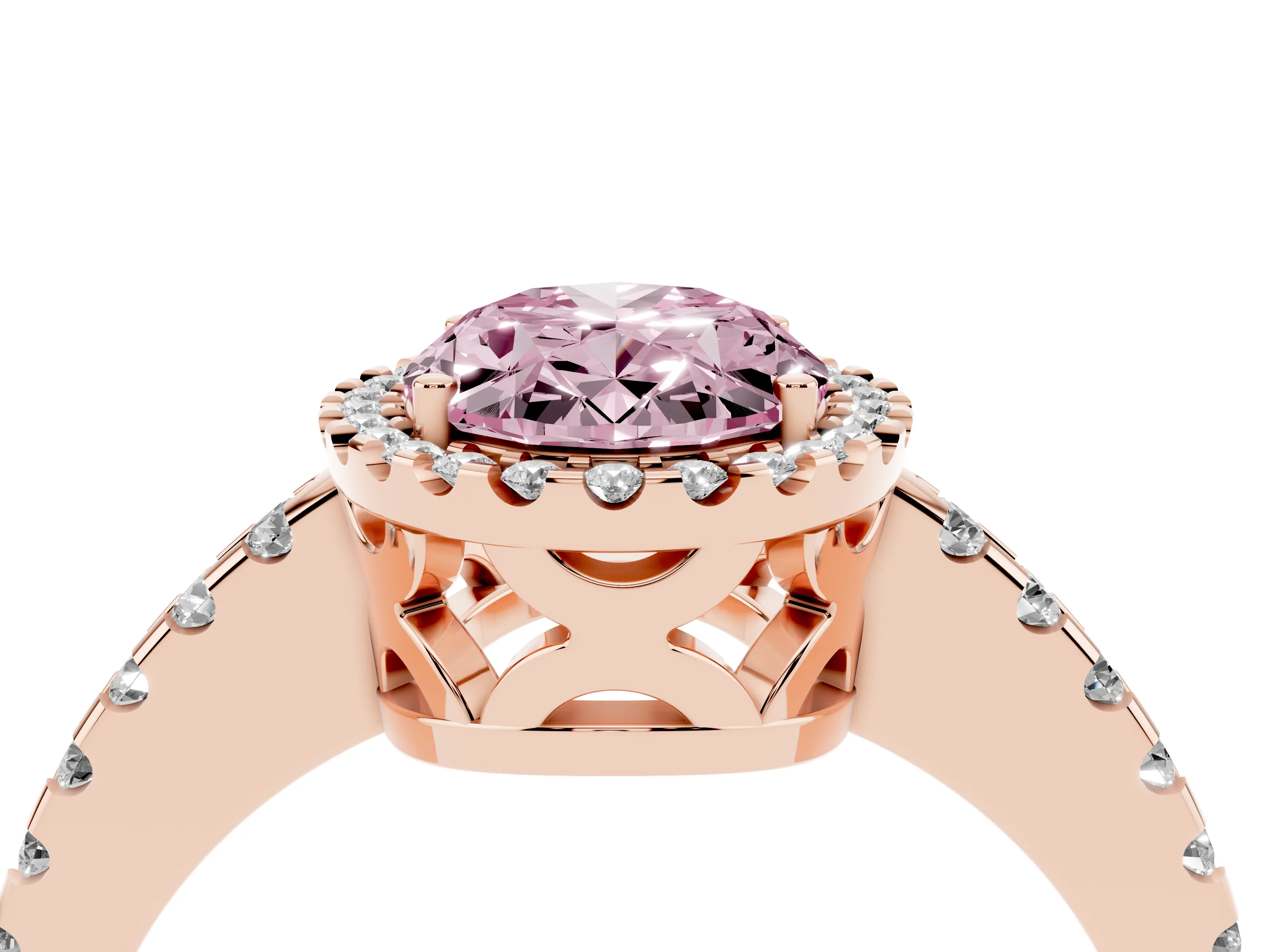 Fancy Pink Oval Cut Diamond Halo Ring Set in Rose gold with Pavé Shoulders and Halo-Framed Center