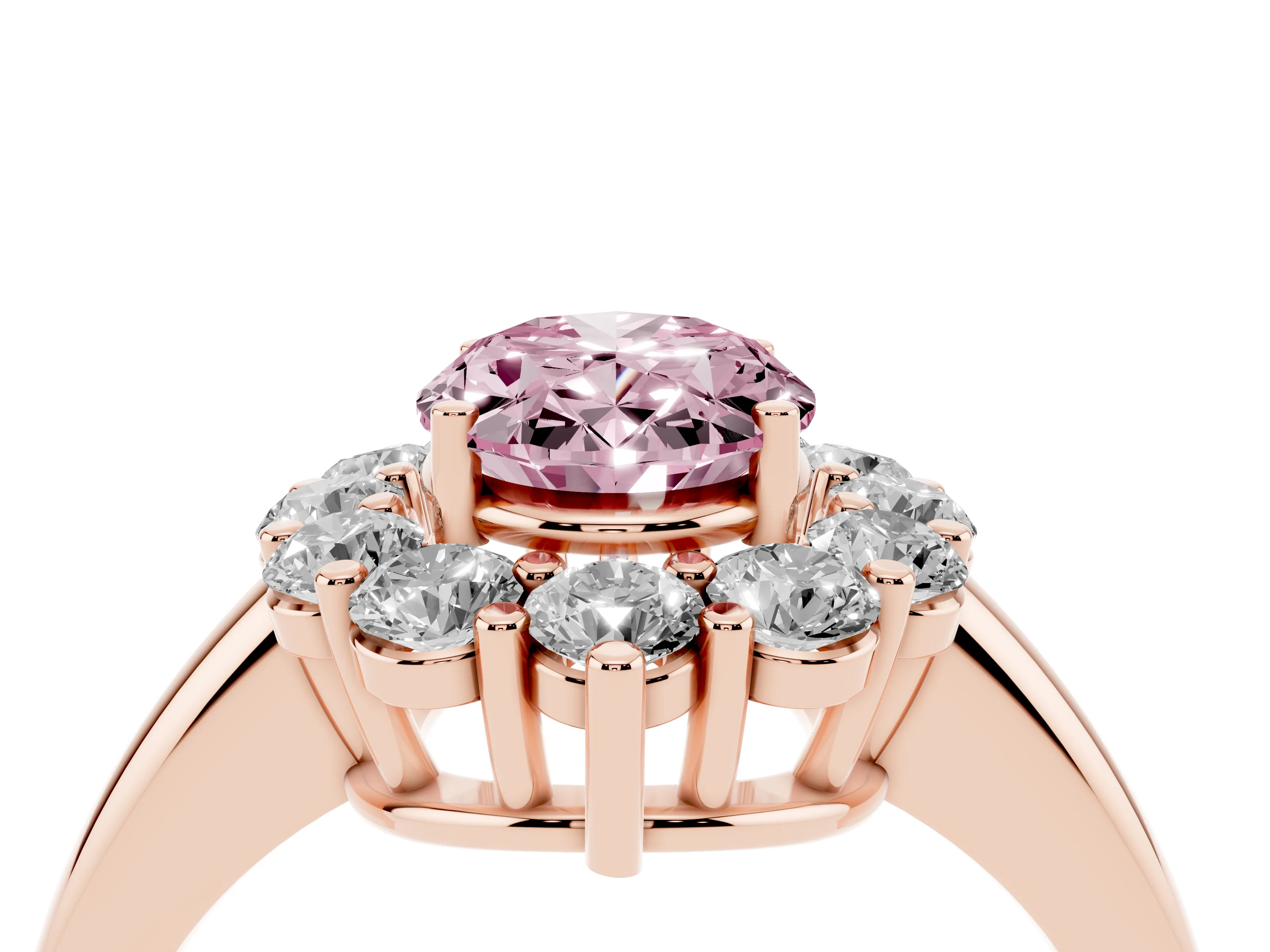 Fancy Pink Oval Cut Diamond Halo Cluster Engagement Ring Set in Rose gold with Polished Band and Prong Setting