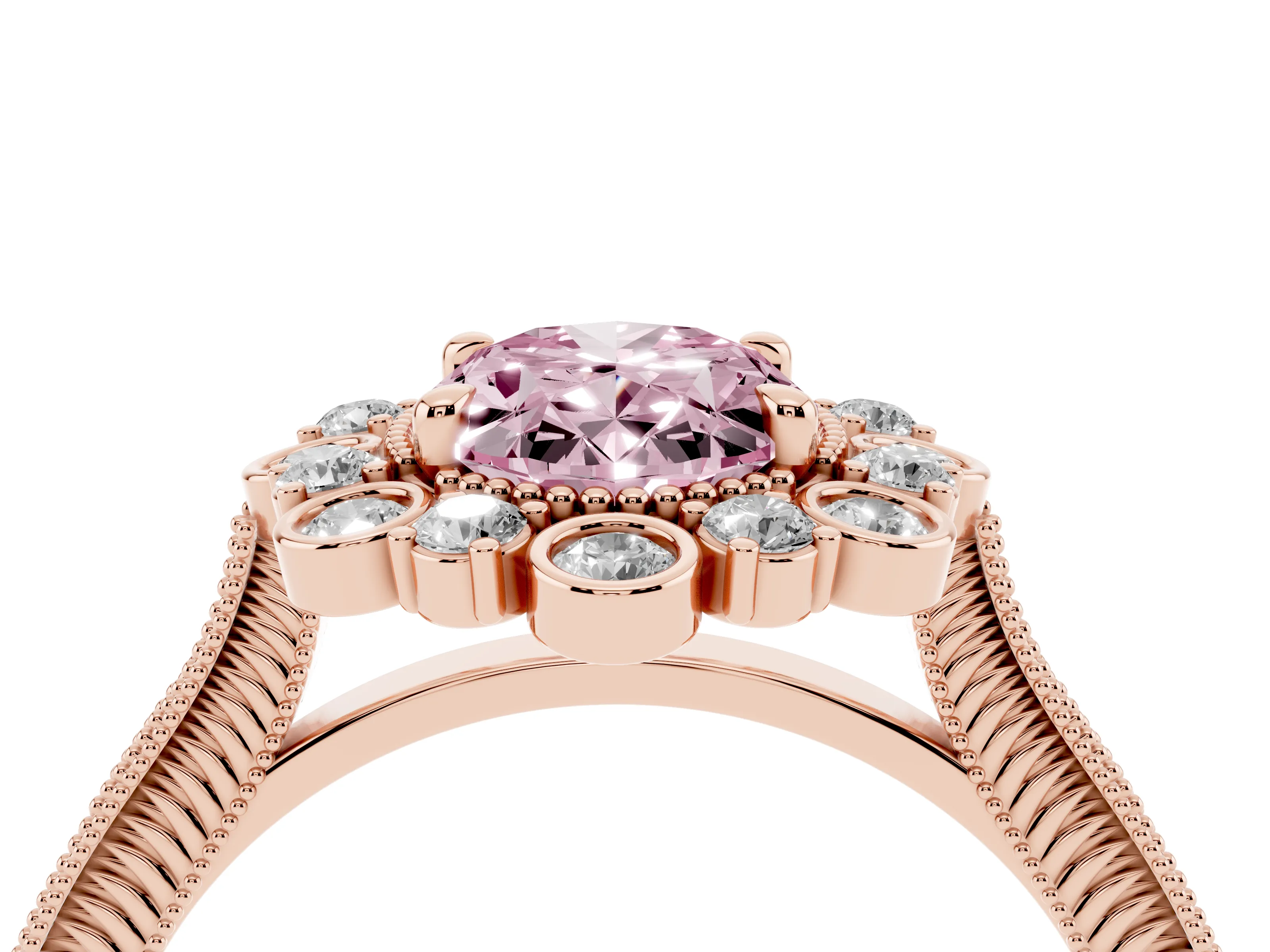 Fancy Pink Oval Cut Diamond Halo Milgrain Pavé Ring Set in Rose gold with Prong Setting