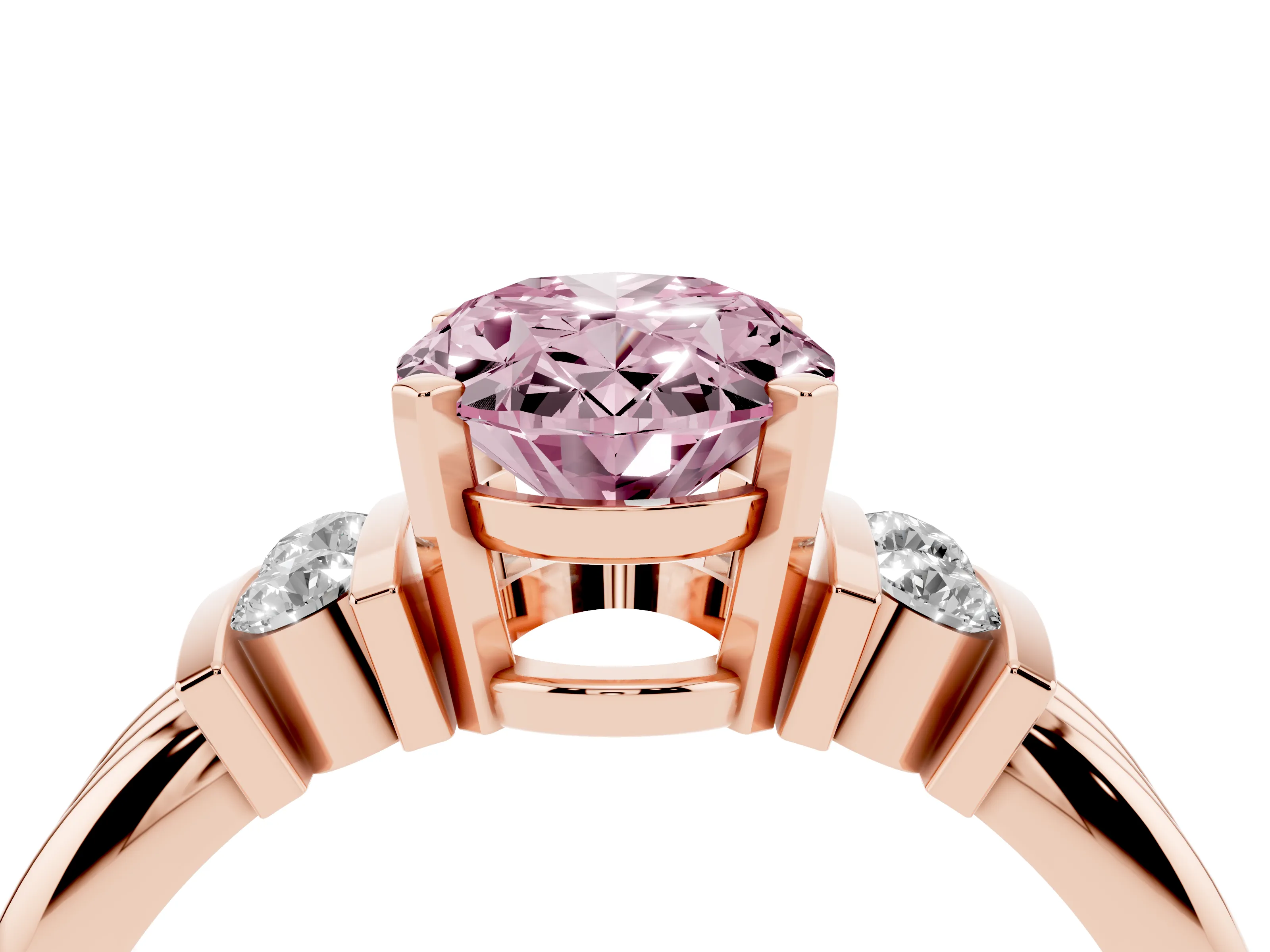 Fancy Pink Three-Stone Oval Cut Diamond Channel Set Ring Set in Rose gold with Bar Prongs