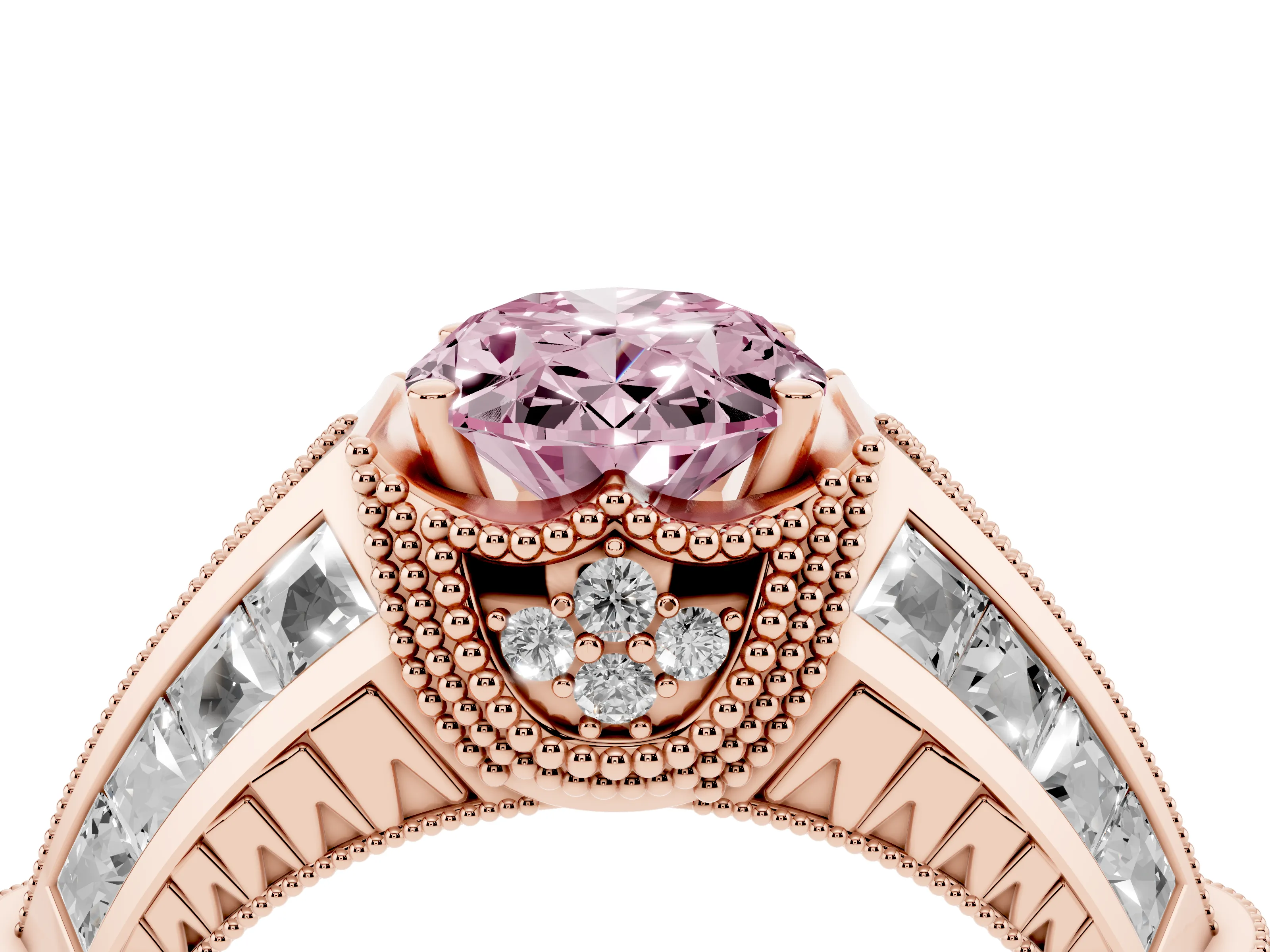 Fancy Pink Oval Cut Diamond Vintage-Inspired Milgrain Ring Set in Rose gold with Accent Split Shank
