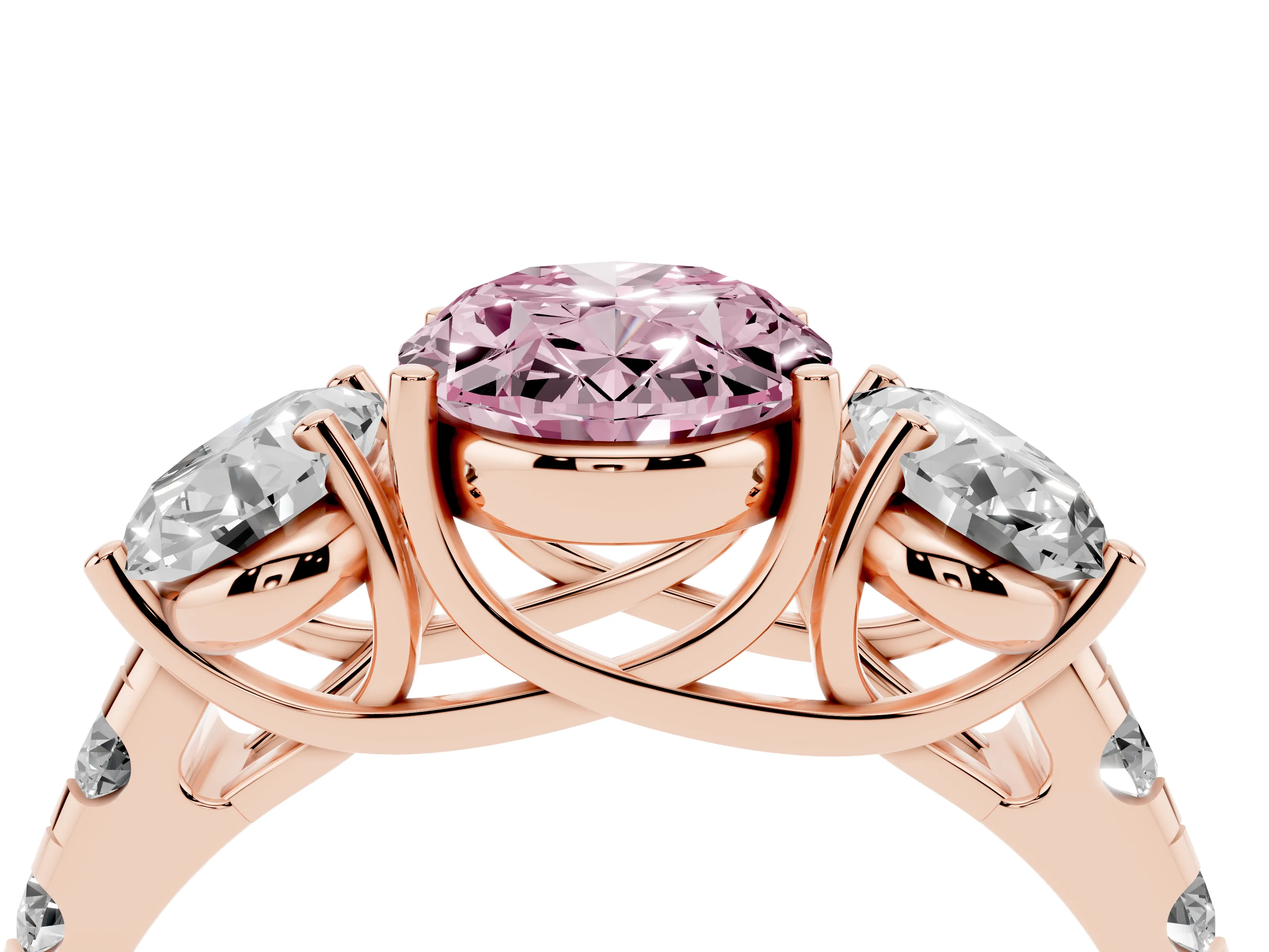Fancy Pink Oval Cut Diamond Three-Stone Ring Set in Rose gold with Pavé Band