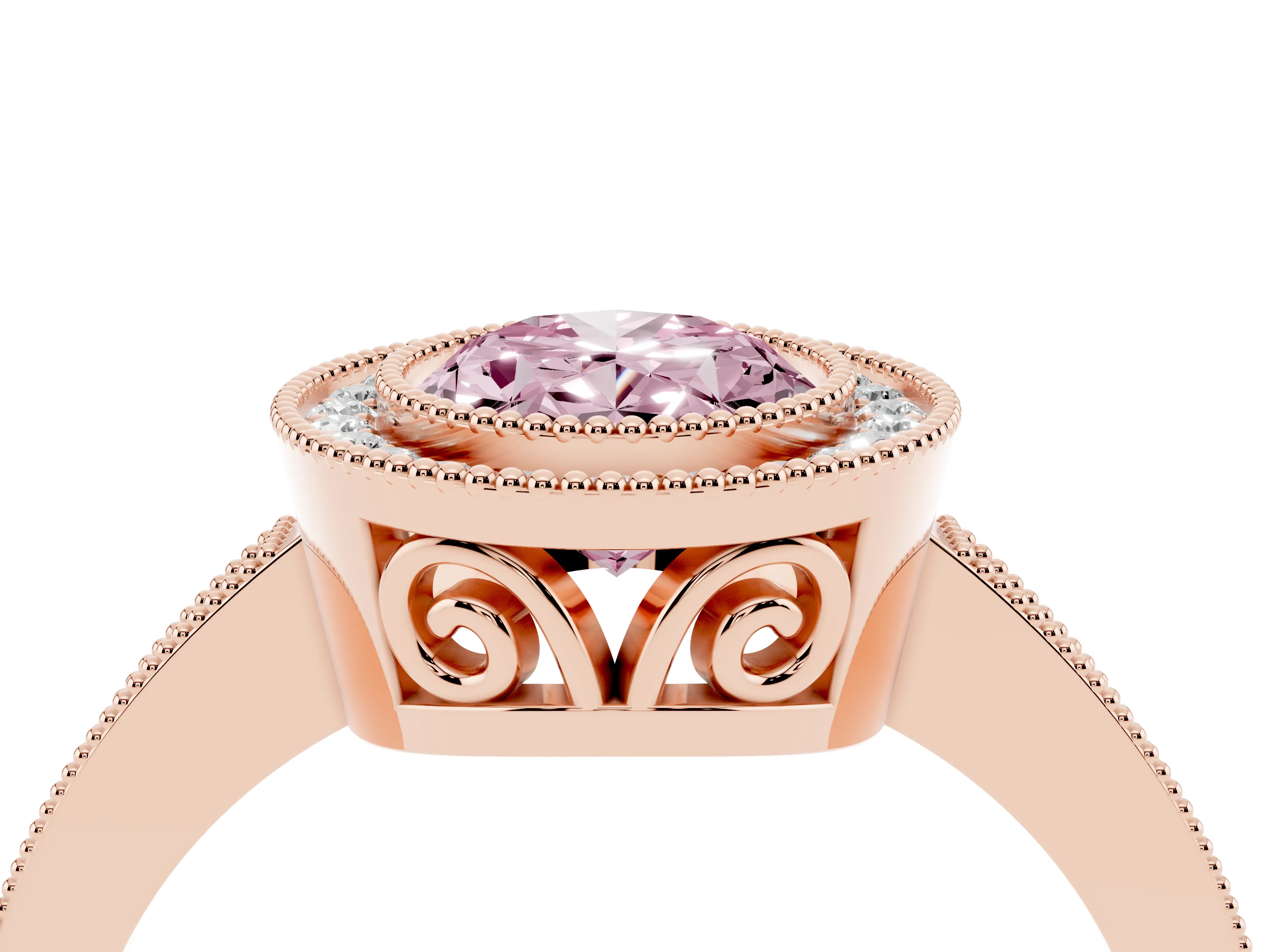 Fancy Pink Oval Cut Diamond Halo Ring Set in Rose gold with Pavé Band and Milgrain-Edged Prongs