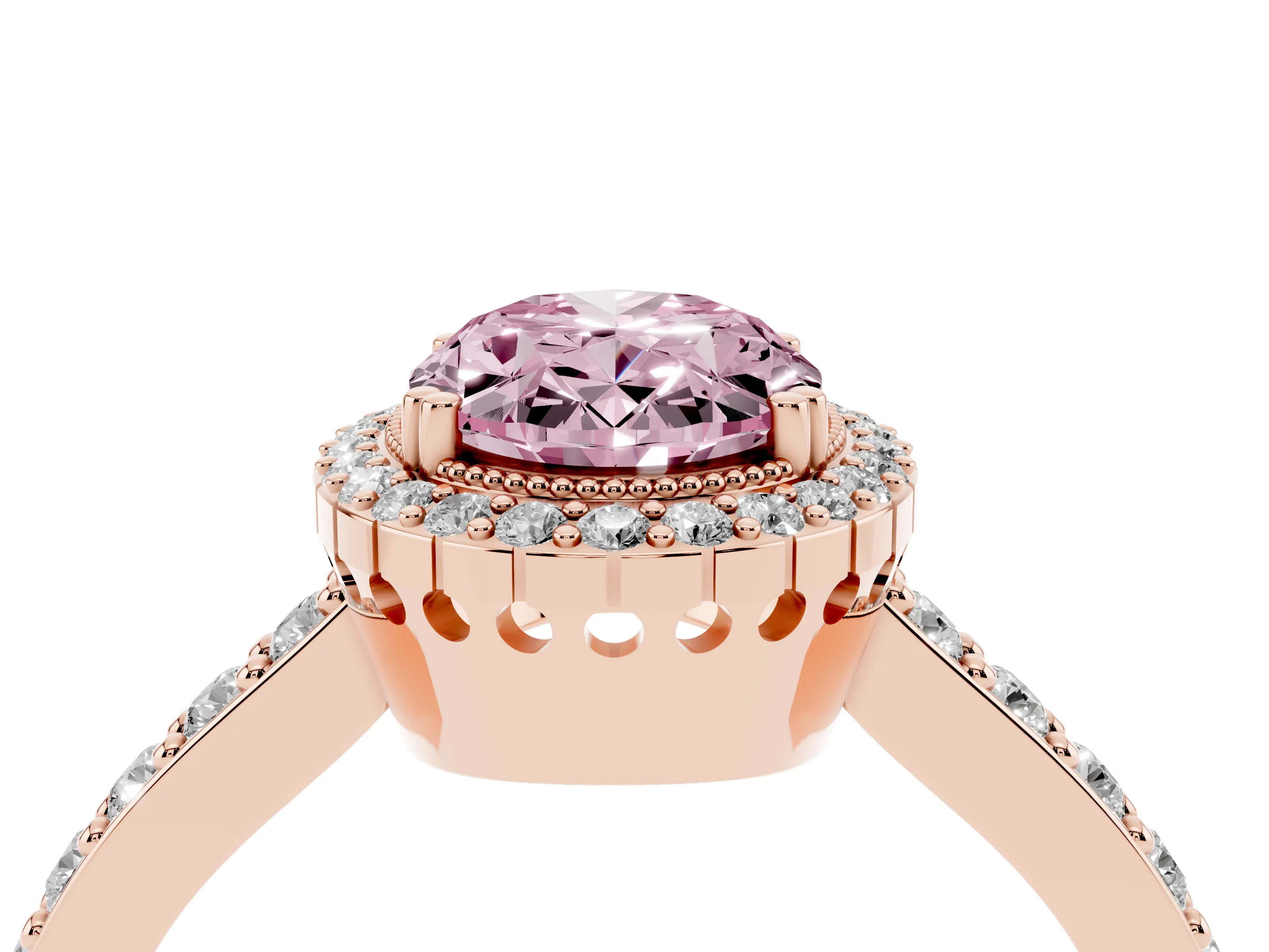 Fancy Pink Oval Cut Diamond Halo Engagement Ring Set in Rose gold with Milgrain Detail and Pavé Band