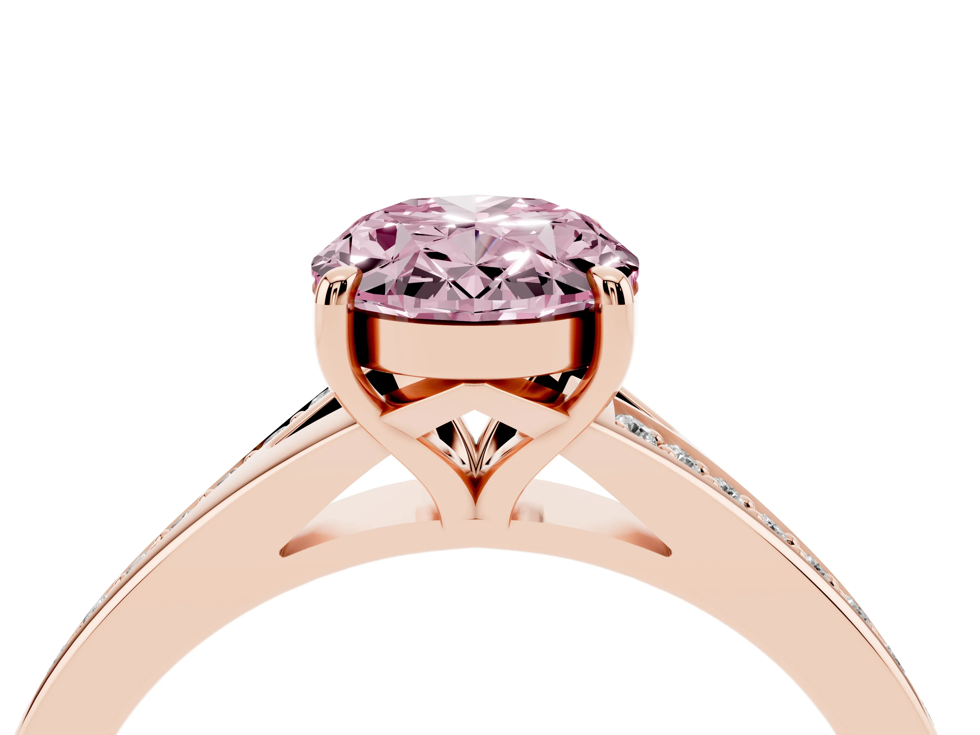 Fancy Pink Oval Cut Diamond Solitaire Ring Set in Rose gold with Pavé Accent Band and Classic Prong Setting