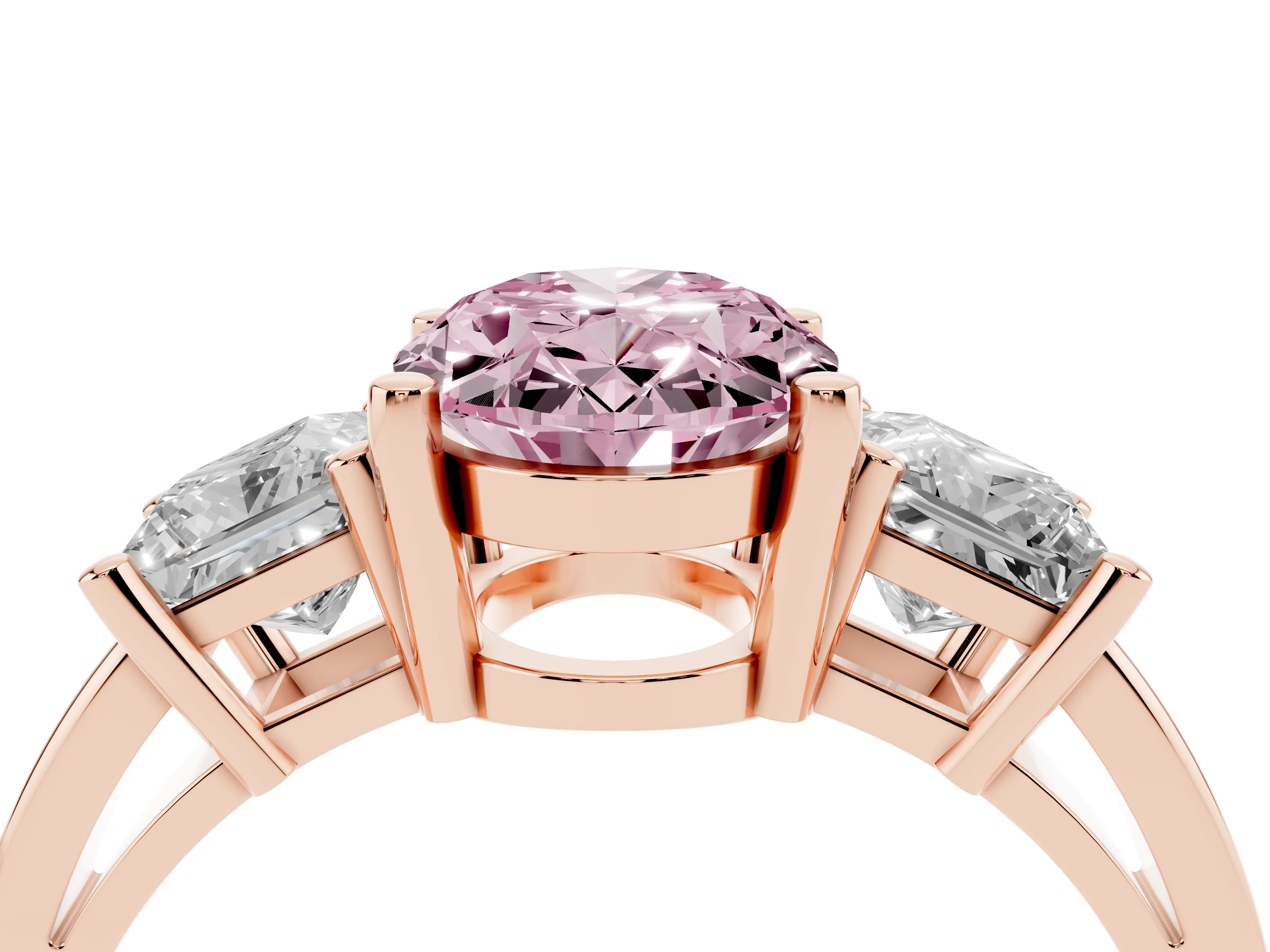 Fancy Pink Three-Stone Oval Cut Diamond Solitaire Ring Set in Rose gold with Prong Setting