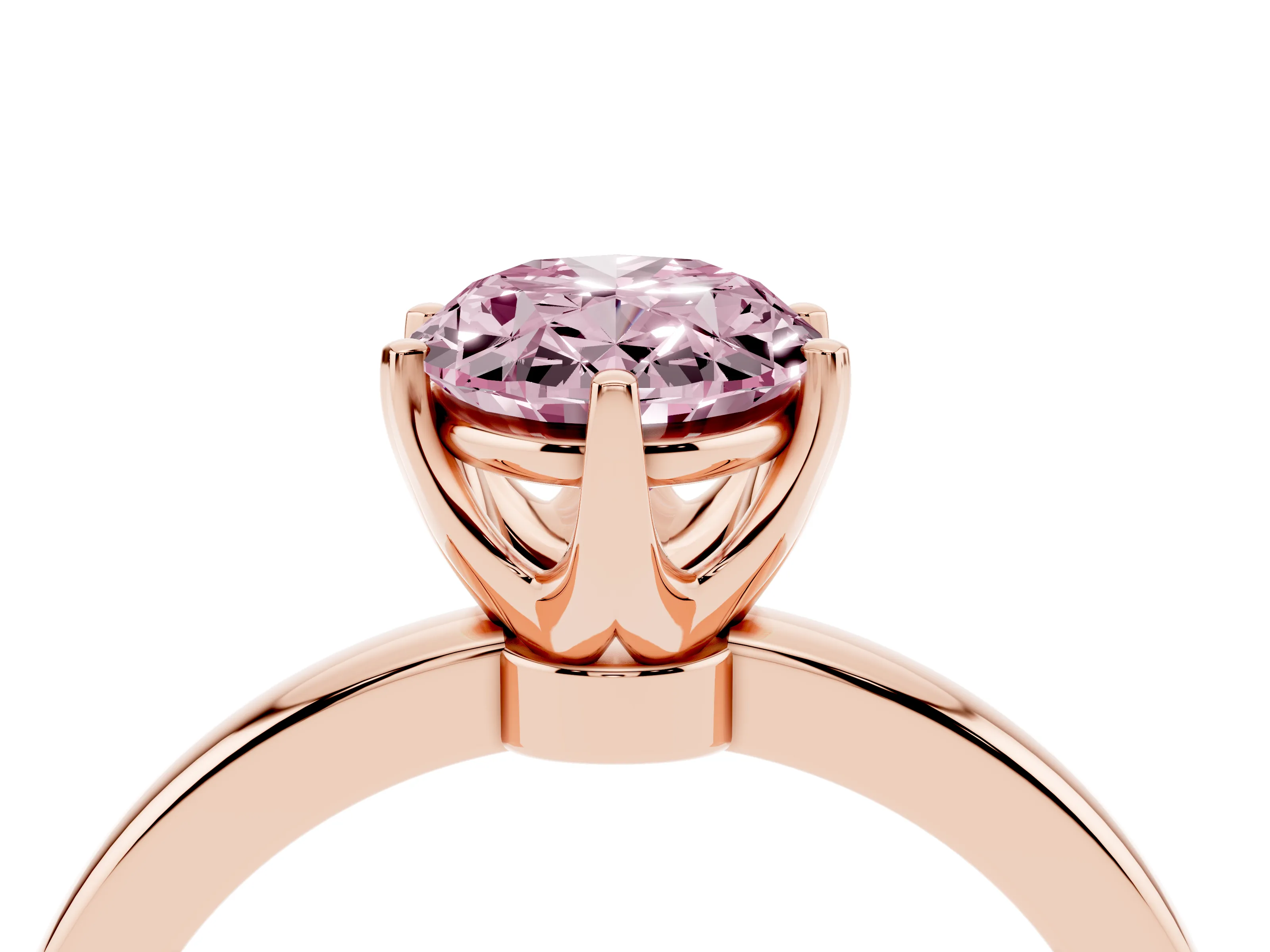 Fancy Pink Oval Cut Diamond Solitaire Ring Set in Rose gold with Raised Prong Setting on a Classic Band