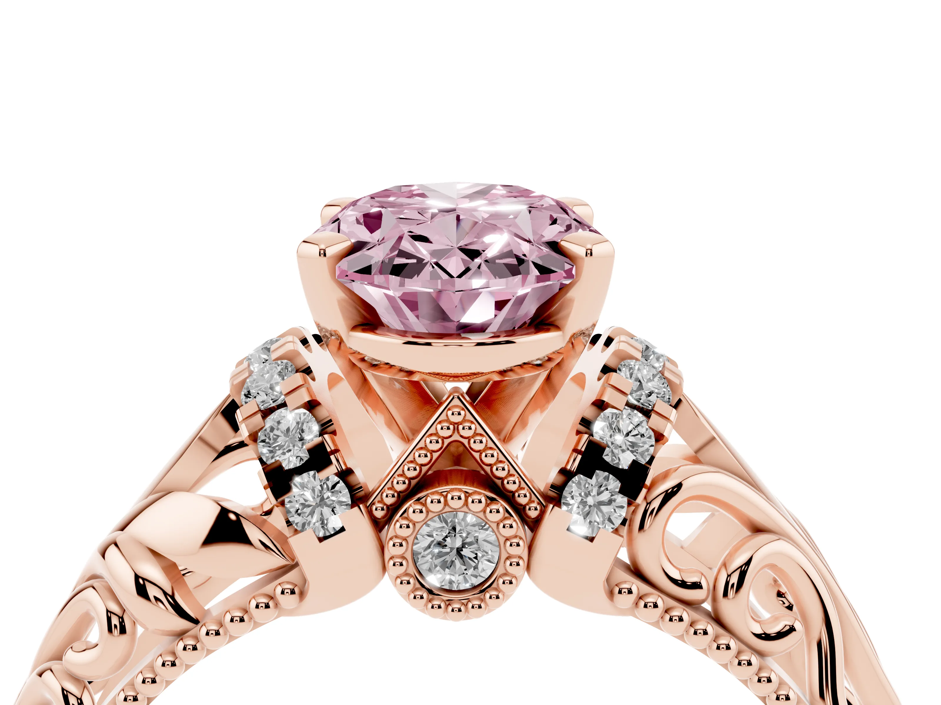 Fancy Pink Oval Cut Diamond Filigree Halo Engagement Ring Set in Rose gold with Prong Setting