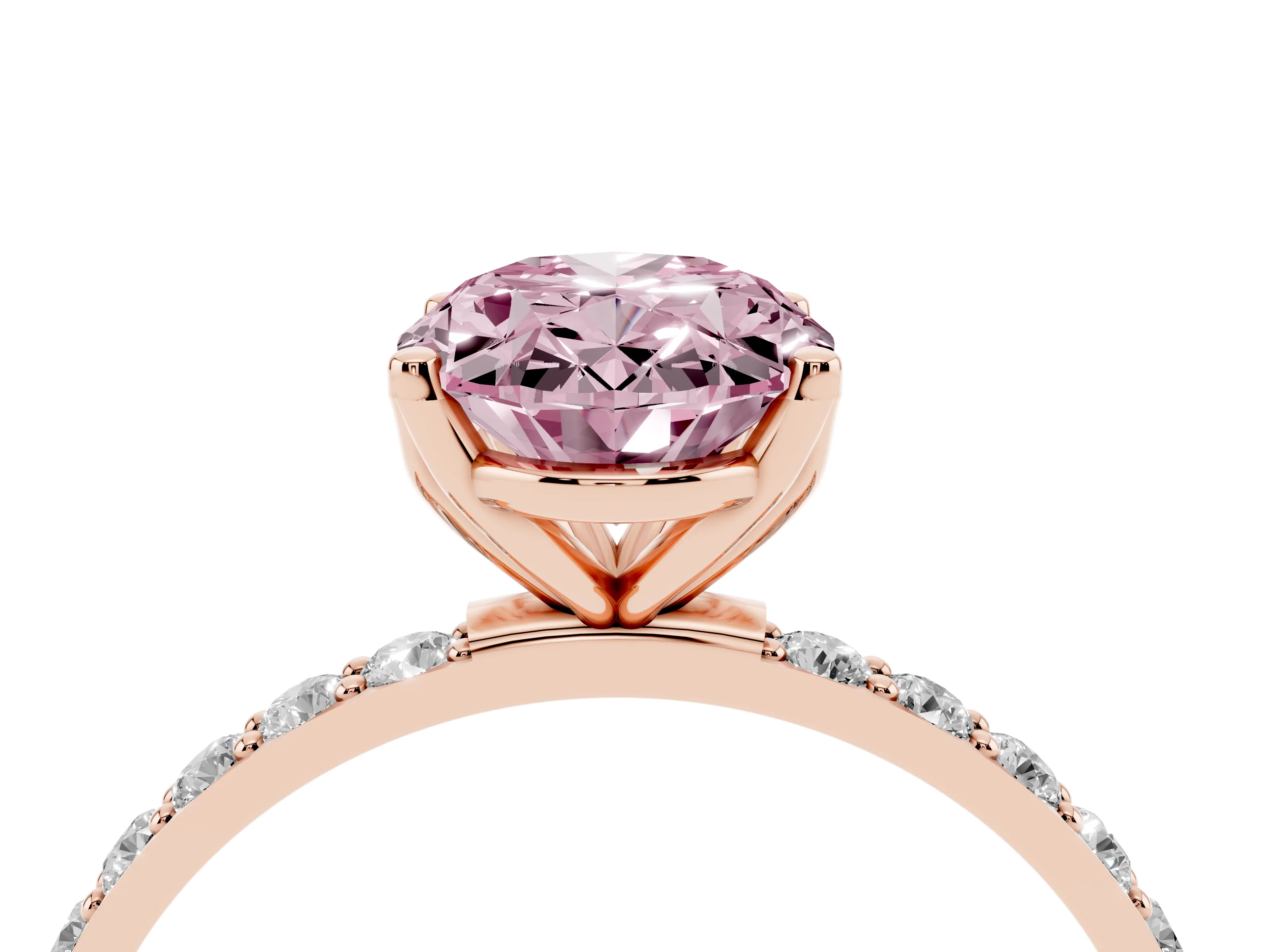 Fancy Pink Oval Cut Diamond Solitaire Engagement Ring Set in Rose gold with Round Pavé Band and Prong Setting