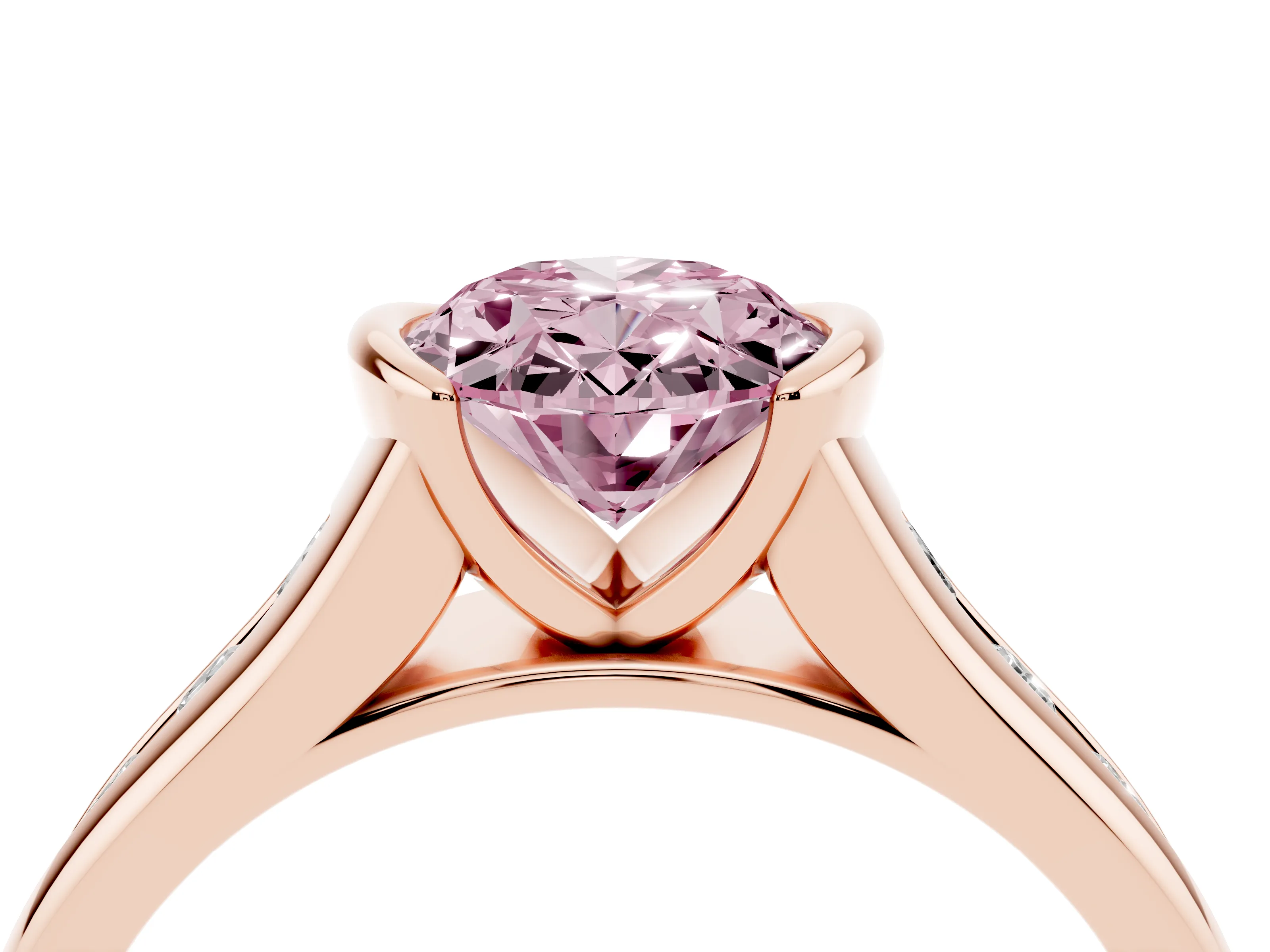 Fancy Pink Oval Cut Diamond Bezel-Set Solitaire Ring Set in Rose gold with Channel-Set Band