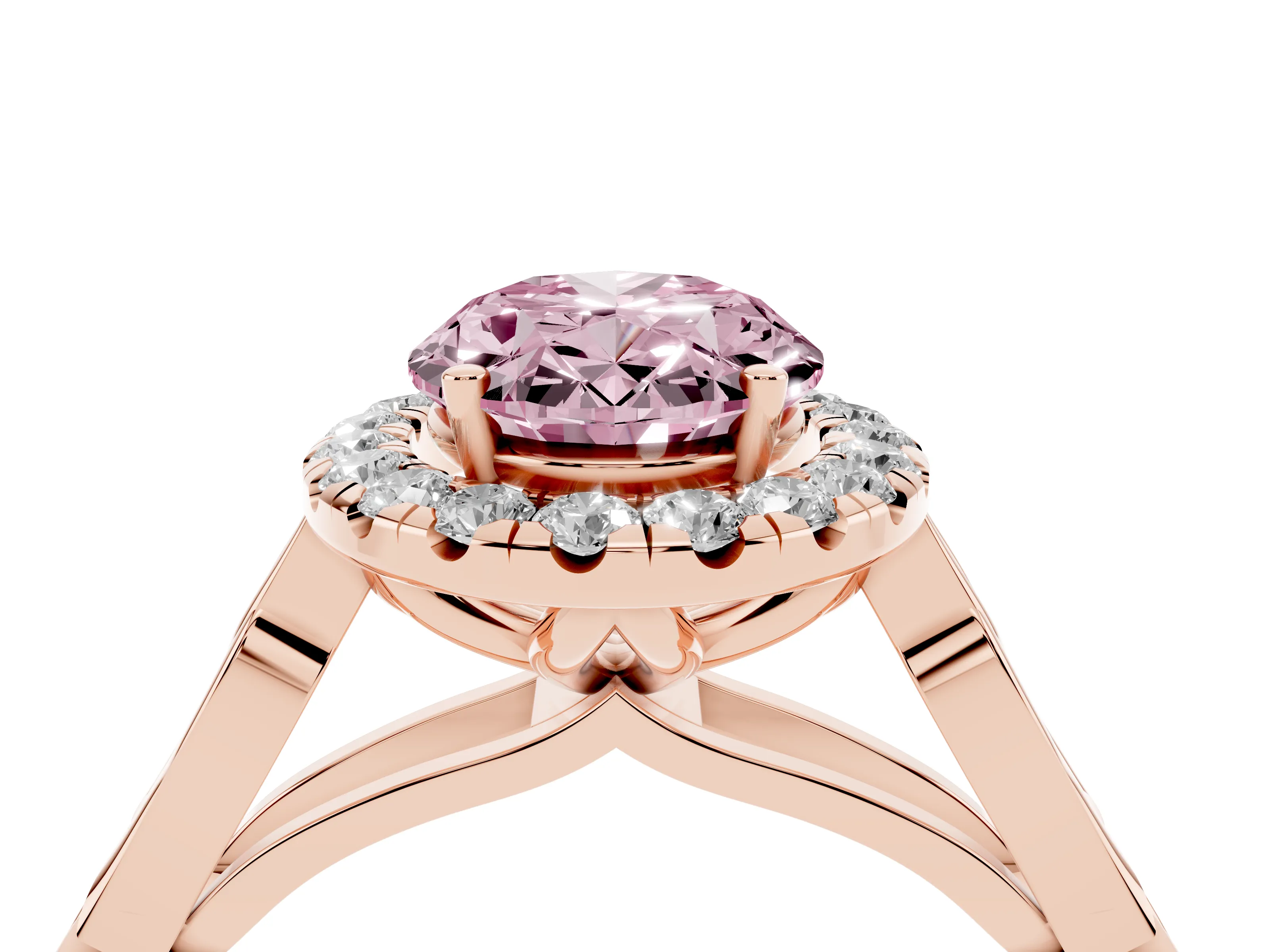 Fancy Pink Oval Cut Diamond Halo Engagement Ring Set in Rose gold with Filigree Band and Prong-Set Center