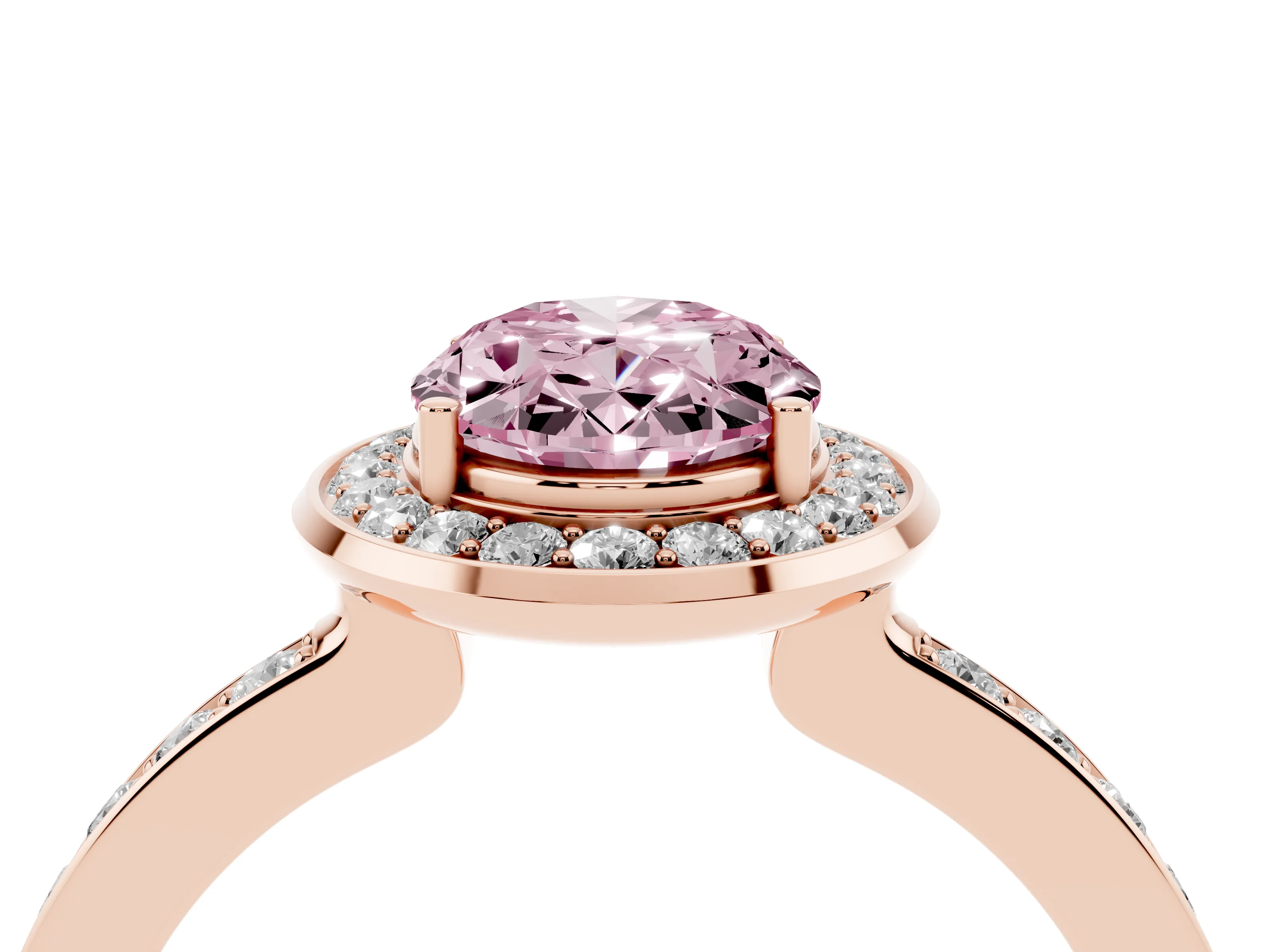 Fancy Pink Oval Cut Diamond Halo Ring Set in Rose gold with Bezel Frame and Pavé Band
