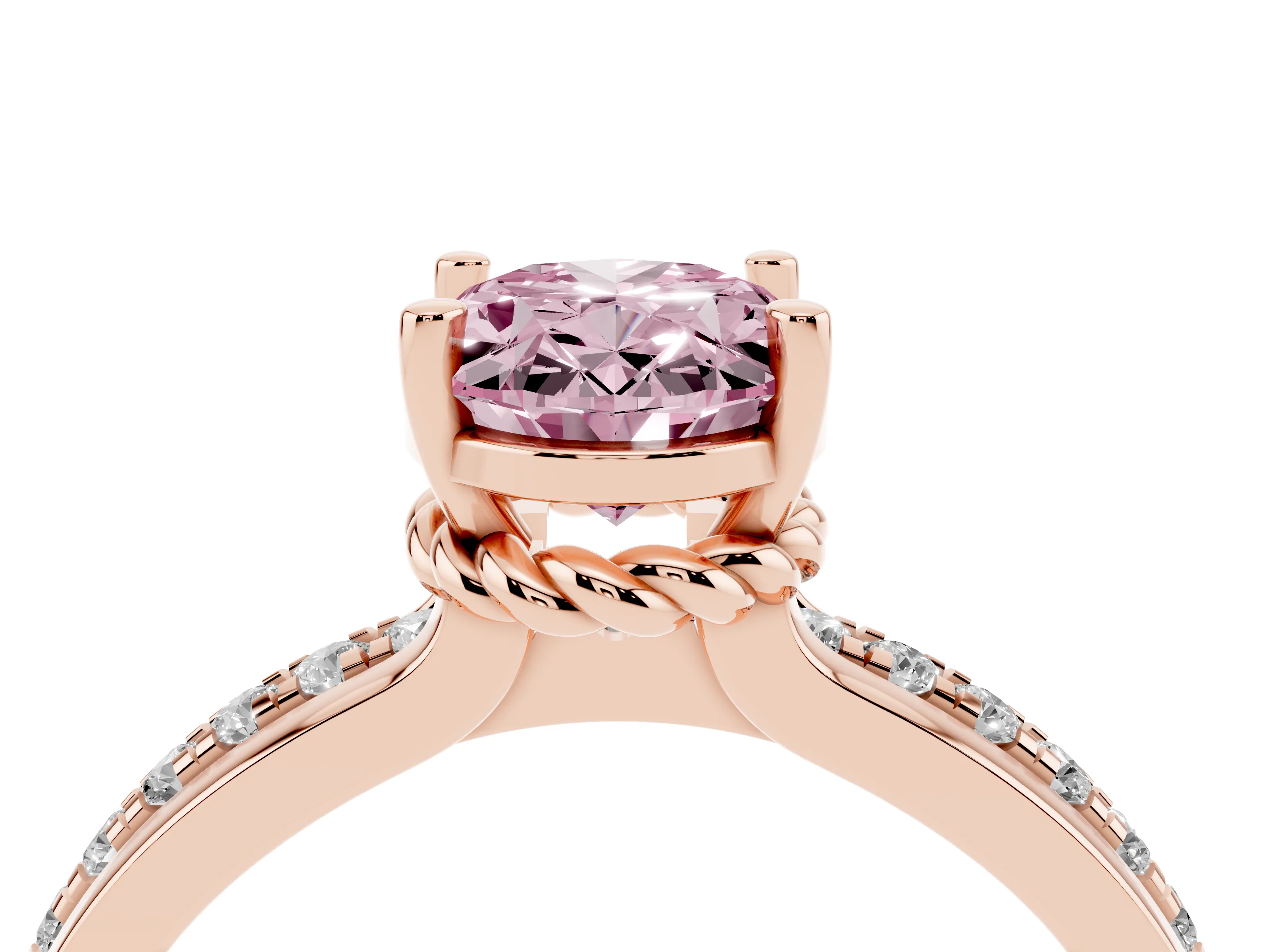 Fancy Pink Oval Cut Diamond Solitaire Ring Set in Rose gold with Channel Set Band and Prong Setting