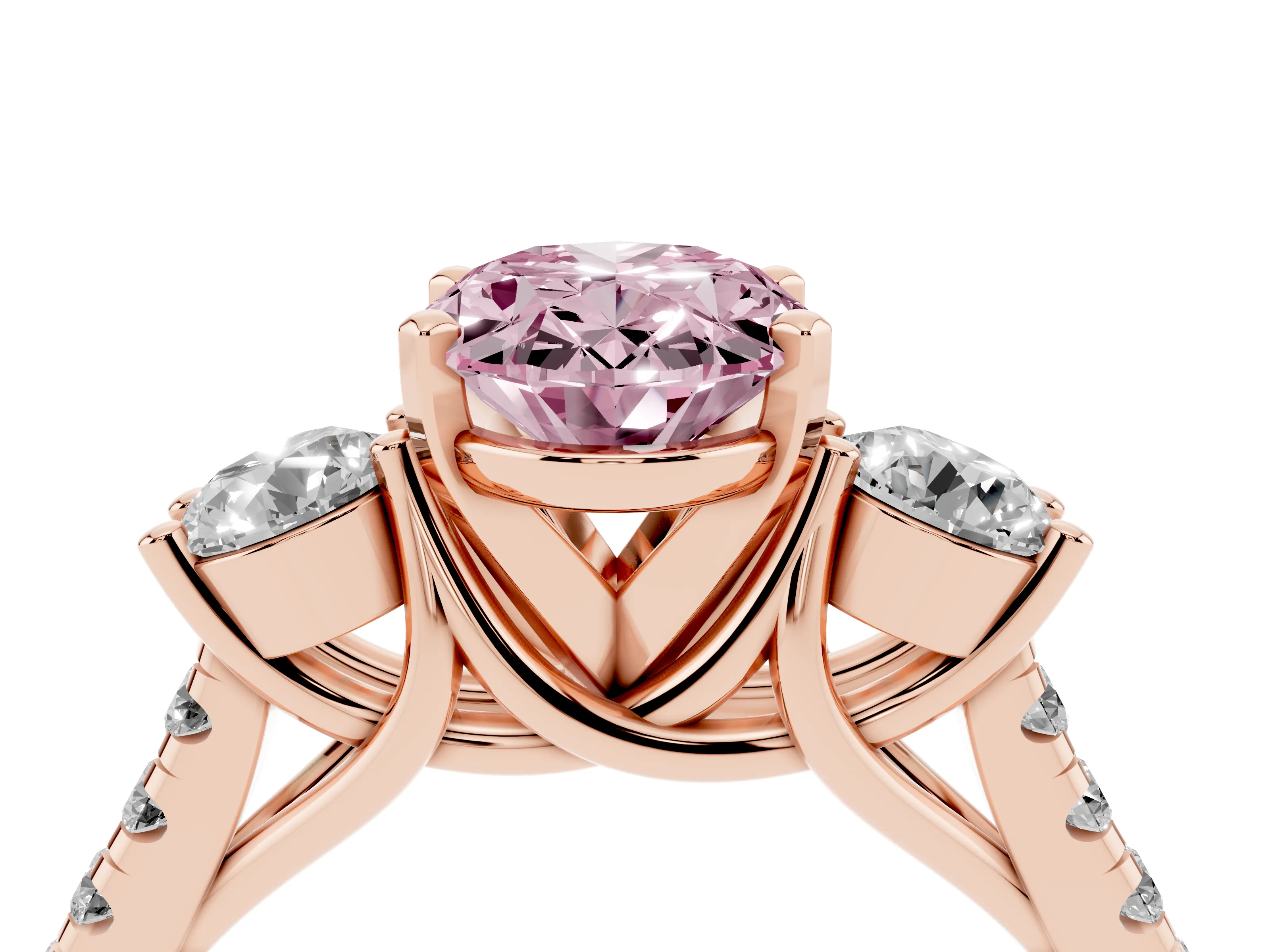 Fancy Pink Three-Stone Oval Cut Diamond Pavé Band Ring Set in Rose gold with Prong-Set Trio