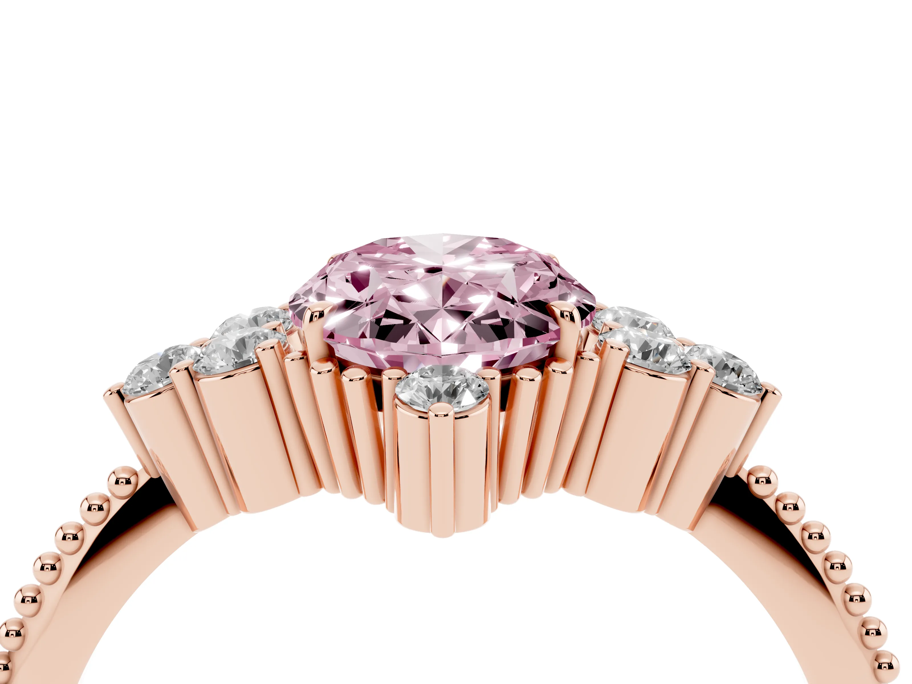 Fancy Pink Oval Cut Diamond Cluster Ring Set in Rose gold with Beaded Band