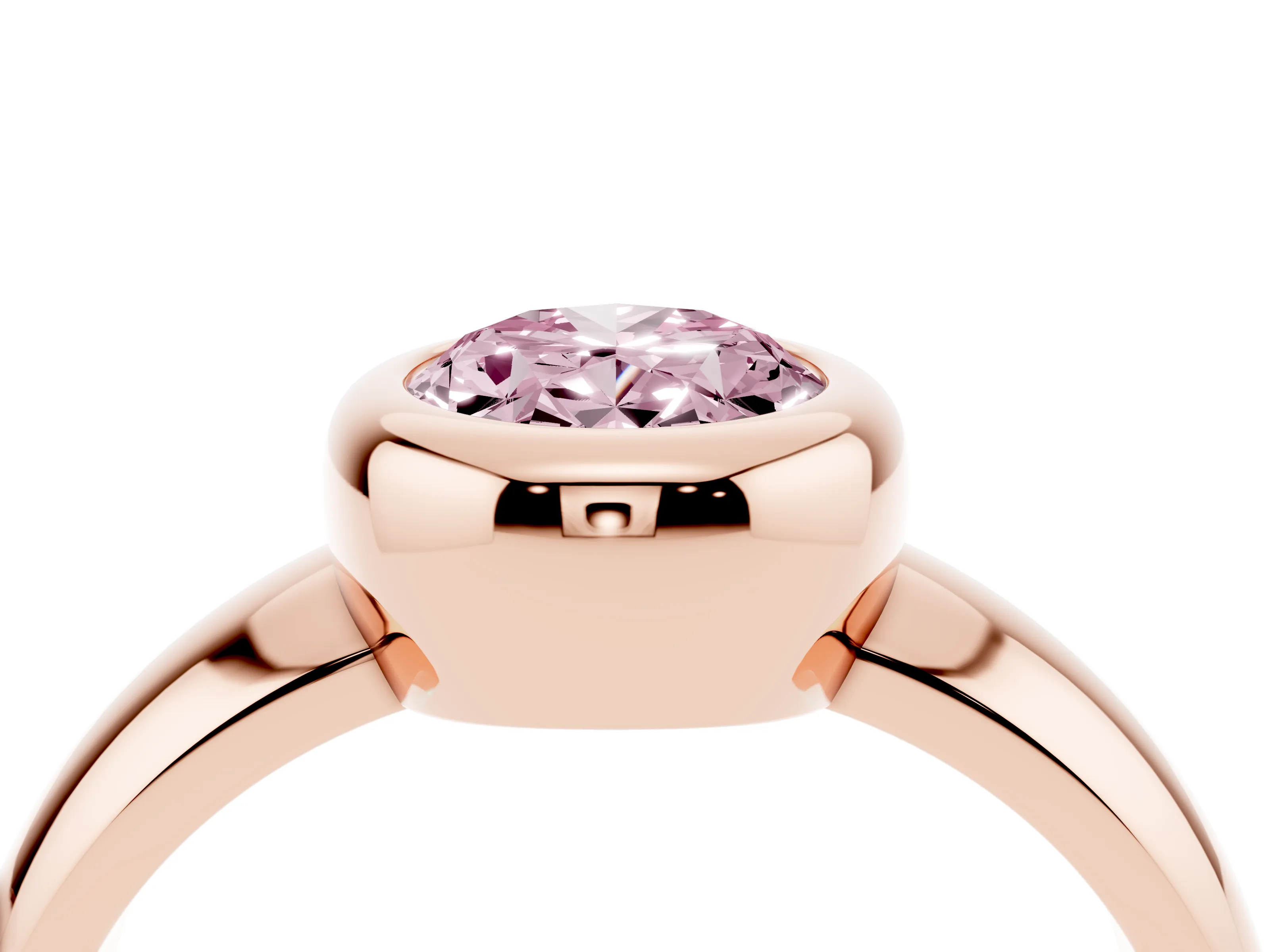 Fancy Pink Bezel Set Oval Cut Diamond Solitaire Ring Set in Rose gold with Wide Band