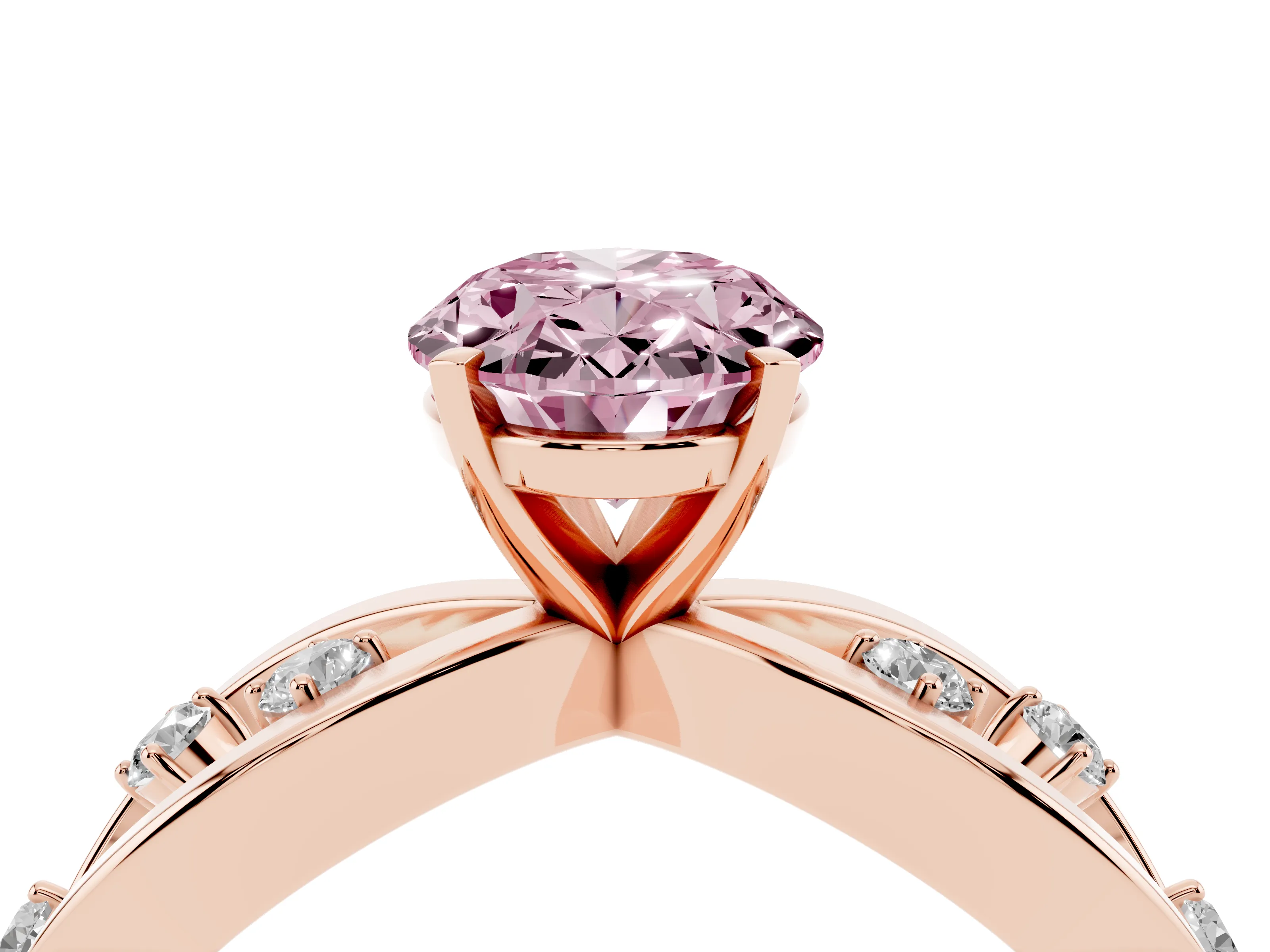 Fancy Pink Oval Cut Diamond Solitaire Ring Set in Rose gold with Side Stones on Criss-Cross Band and Prong Setting